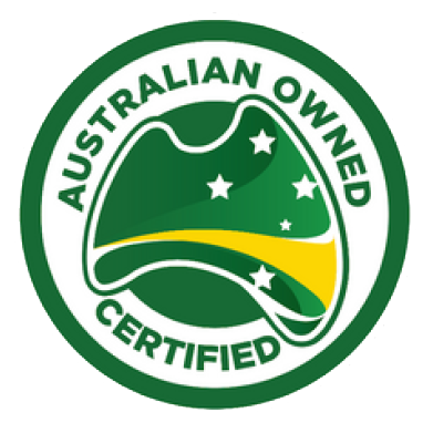 Australian Owned Certified logo featuring a stylized map of Australia with stars and a yellow band.
