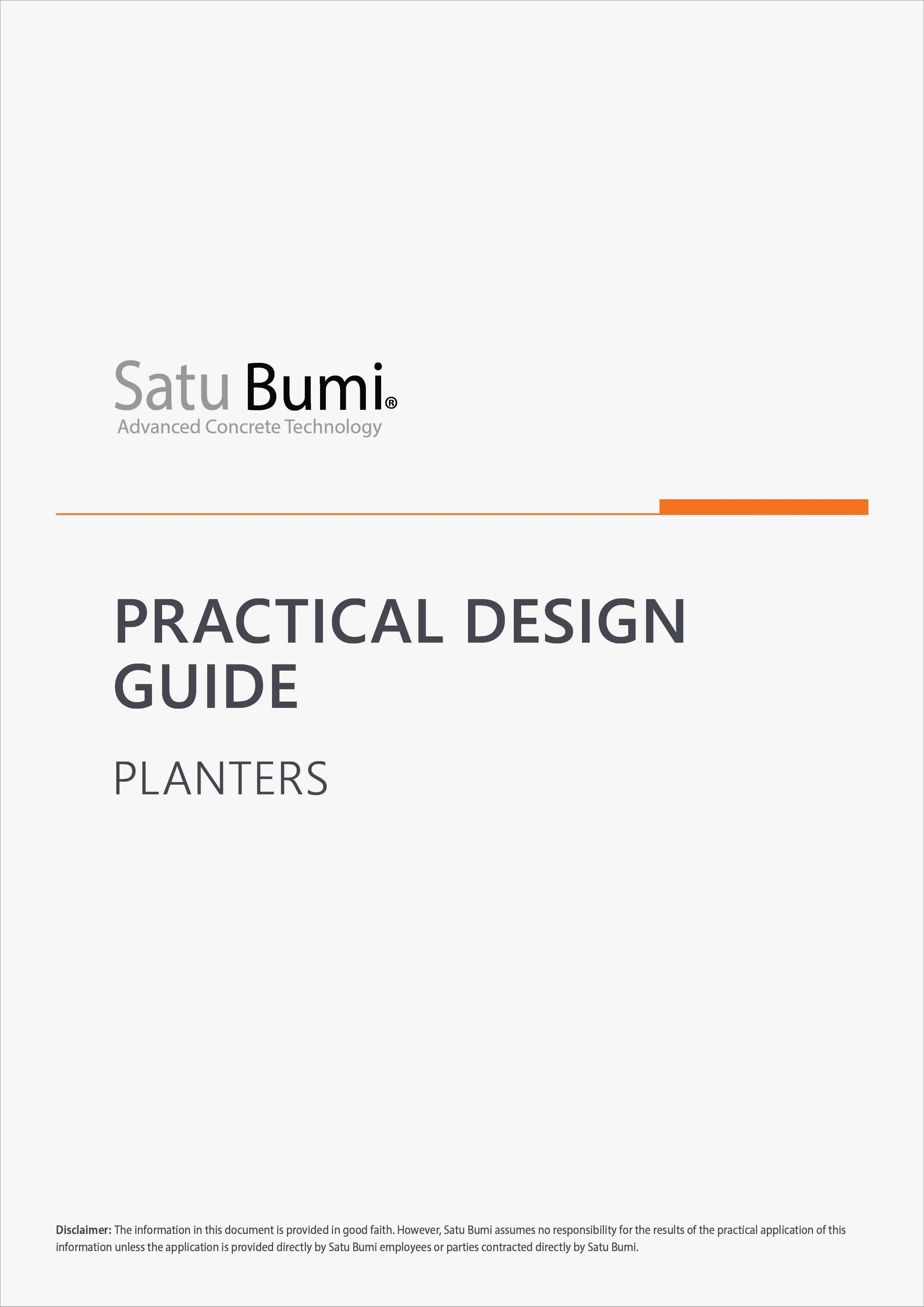 Cover page of a practical design guide for plant builders by Satu Bumi, featuring a white background with black and gray text, a thin orange line, and an orange accent block at the top right corner.