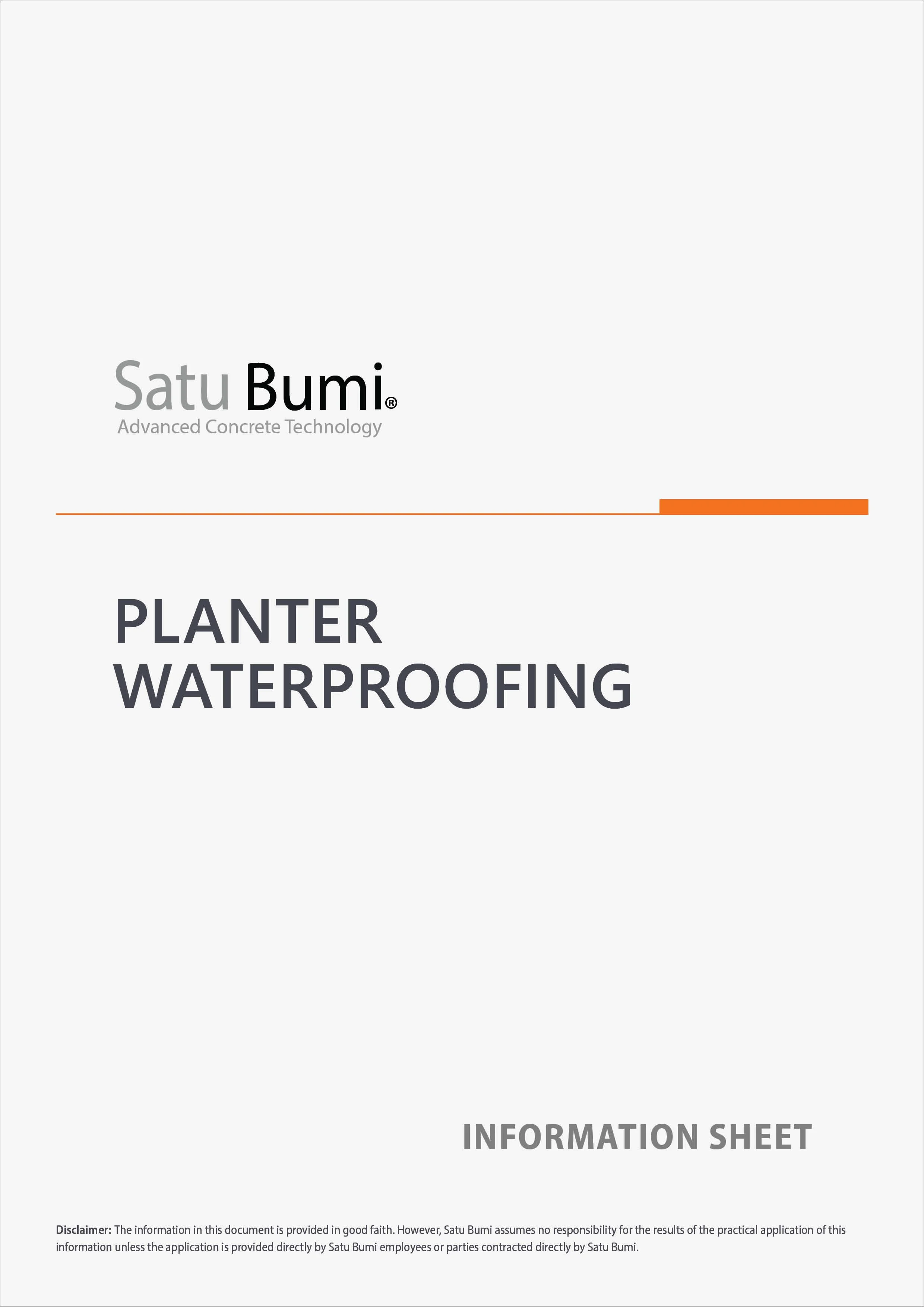 Cover page of a waterproofing information sheet for planters by Satu Bumi, including disclaimer about the information's accuracy.