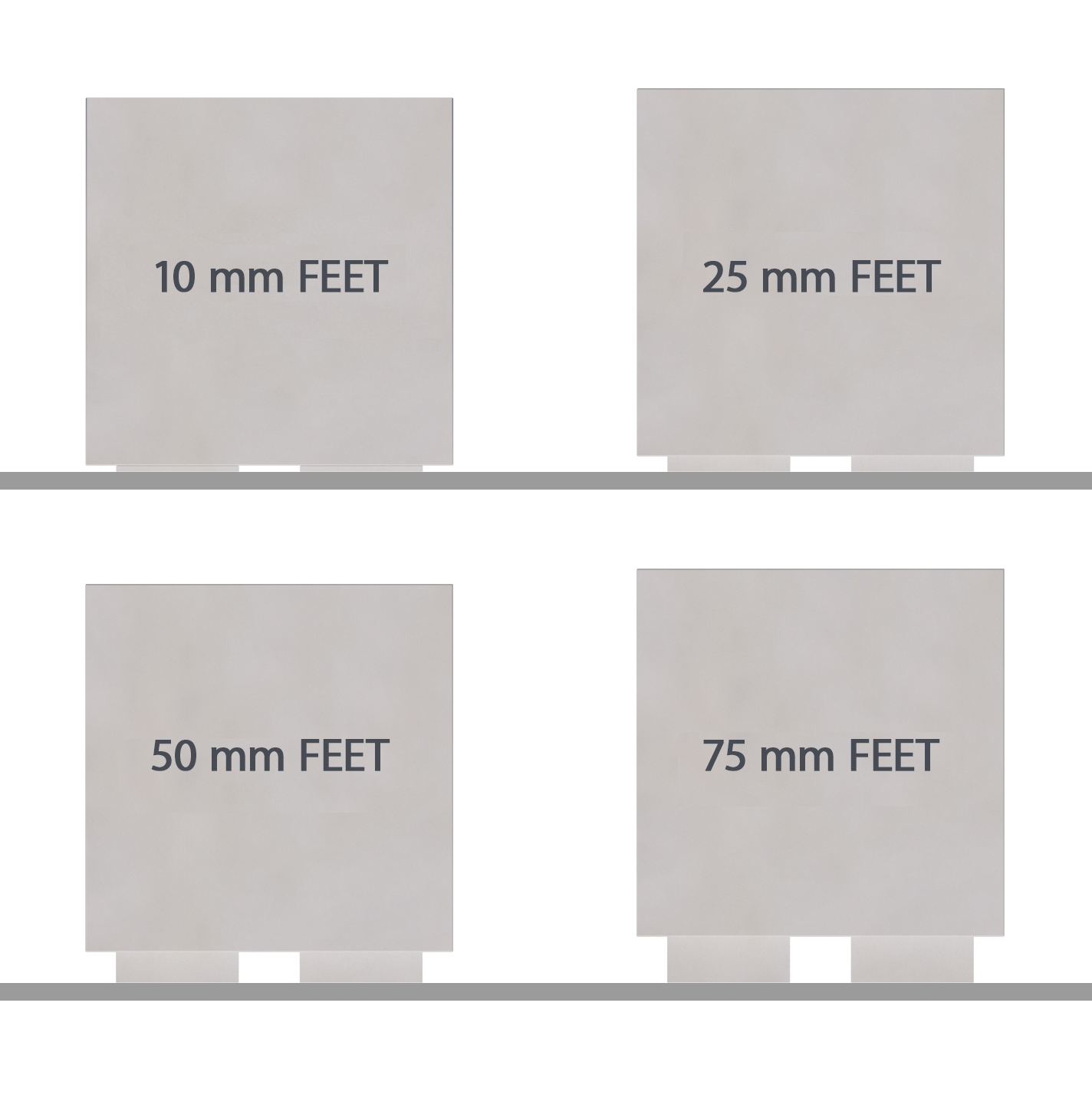 Comparison chart showing different thicknesses of materials measured in millimeters, including 10 mm, 25 mm, 50 mm, and 75 mm.