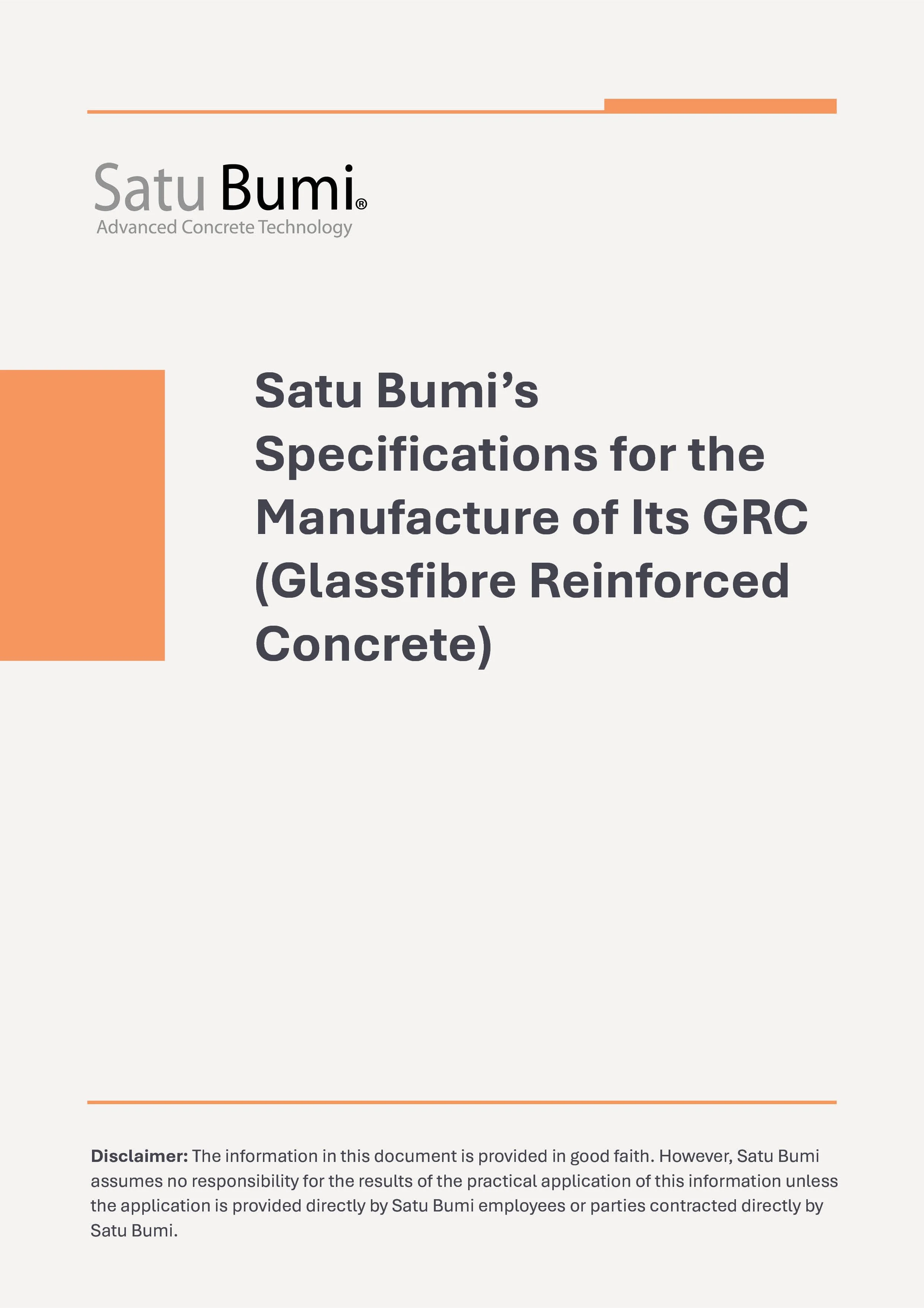 Satu Bumi logo with the tagline 'Advanced Concrete Technology' and a title 'Satu Bumi's Specifications for the Manufacture of Its GRC (Glassfibre Reinforced Concrete)'.