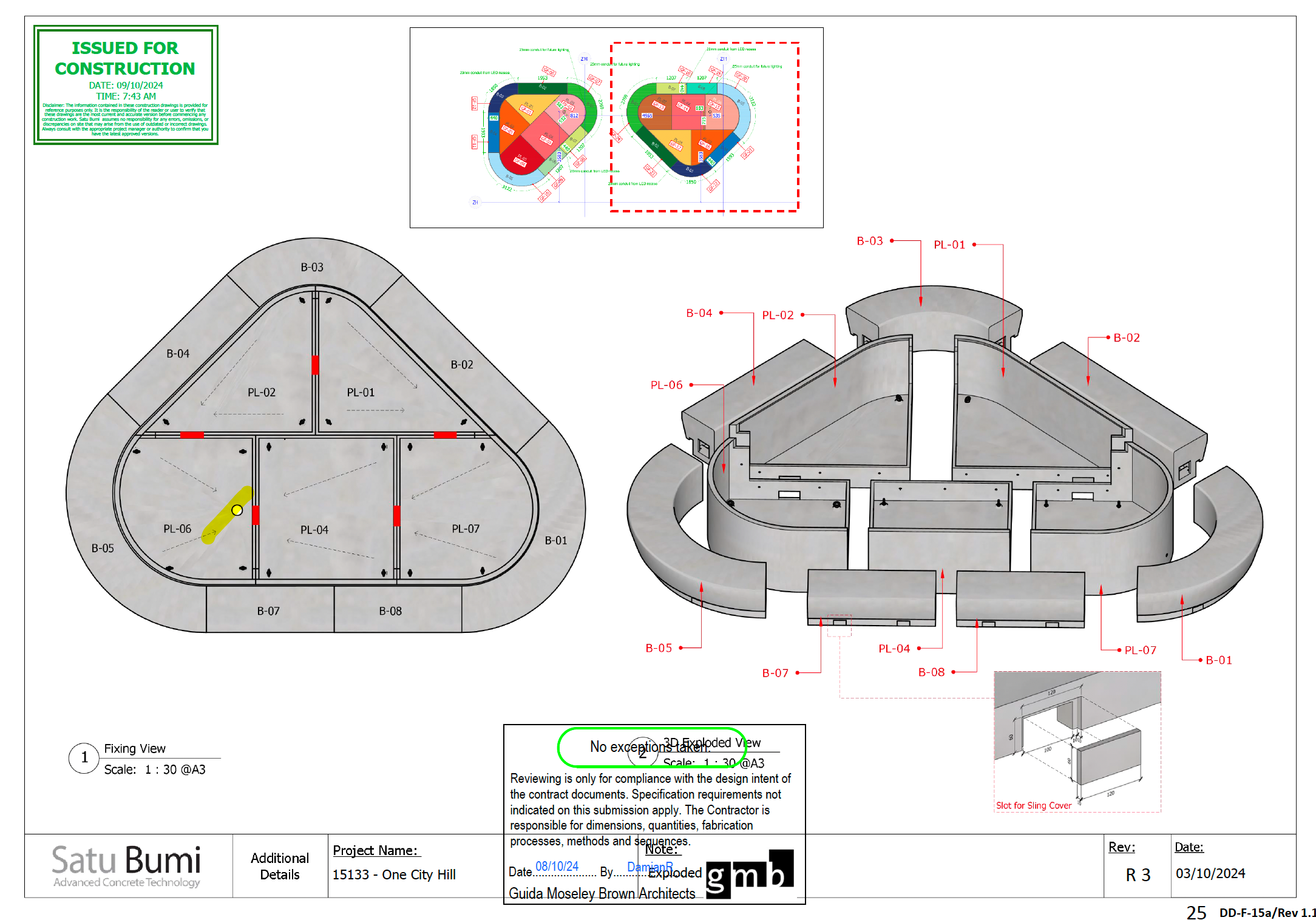 An example of shop drawings for a large custom made GRC planter bench from Satu Bumi.