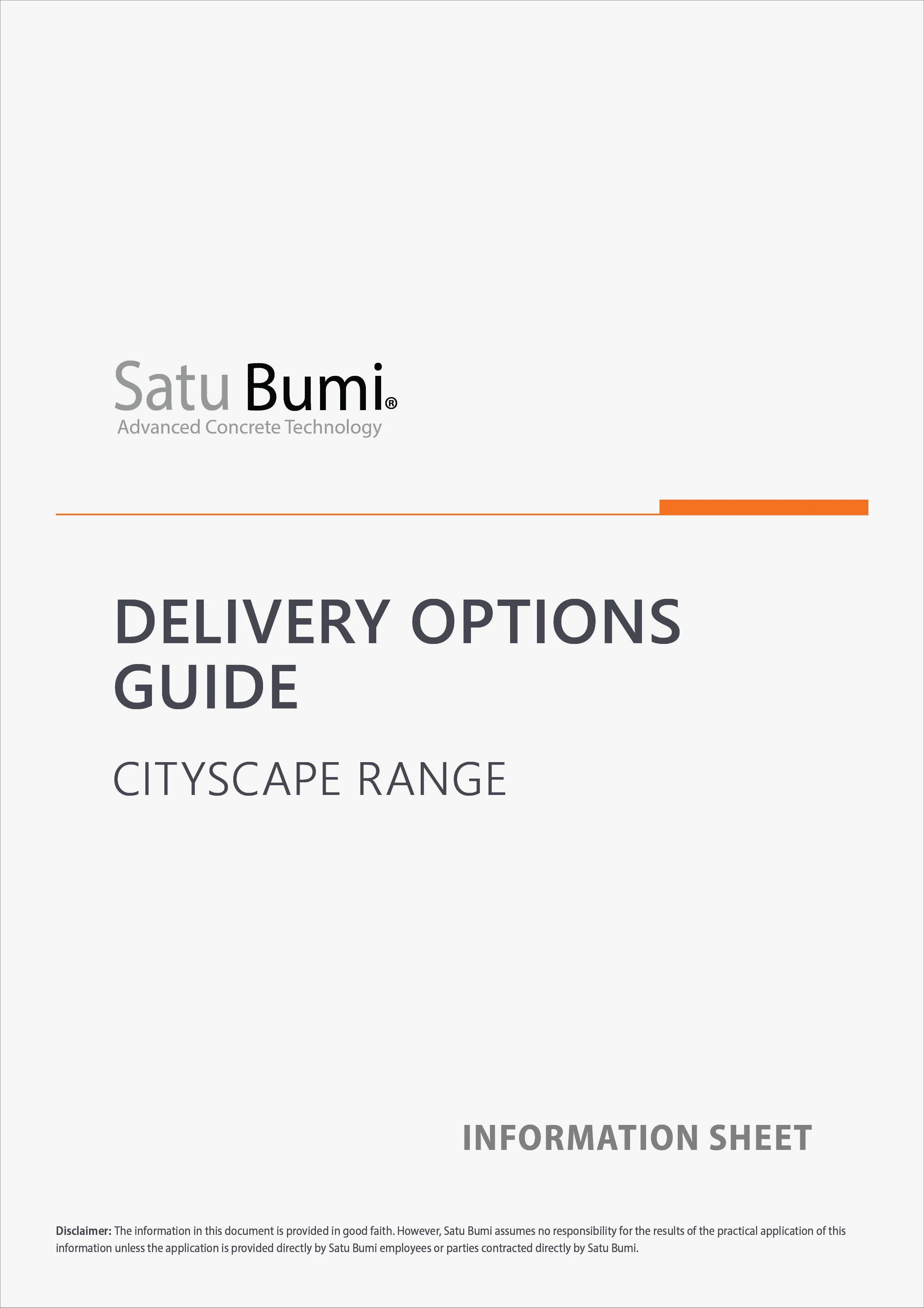 Cover page of a document titled 'Delivery Options Guide' for Cityscape Range, with 'Satu Bumi' logo and tagline 'Advanced Concrete Technology'.