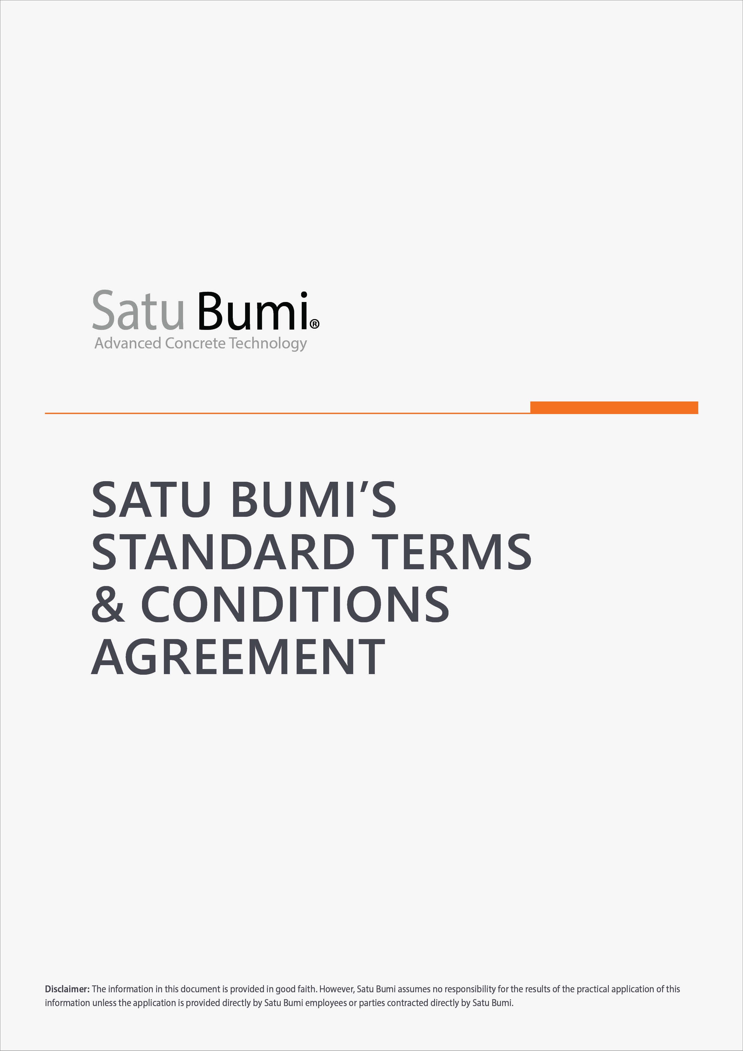 Cover page of Satu Bumi's Standard Terms & Conditions Agreement with the Satu Bumi logo and tagline 'Advanced Concrete Technology'