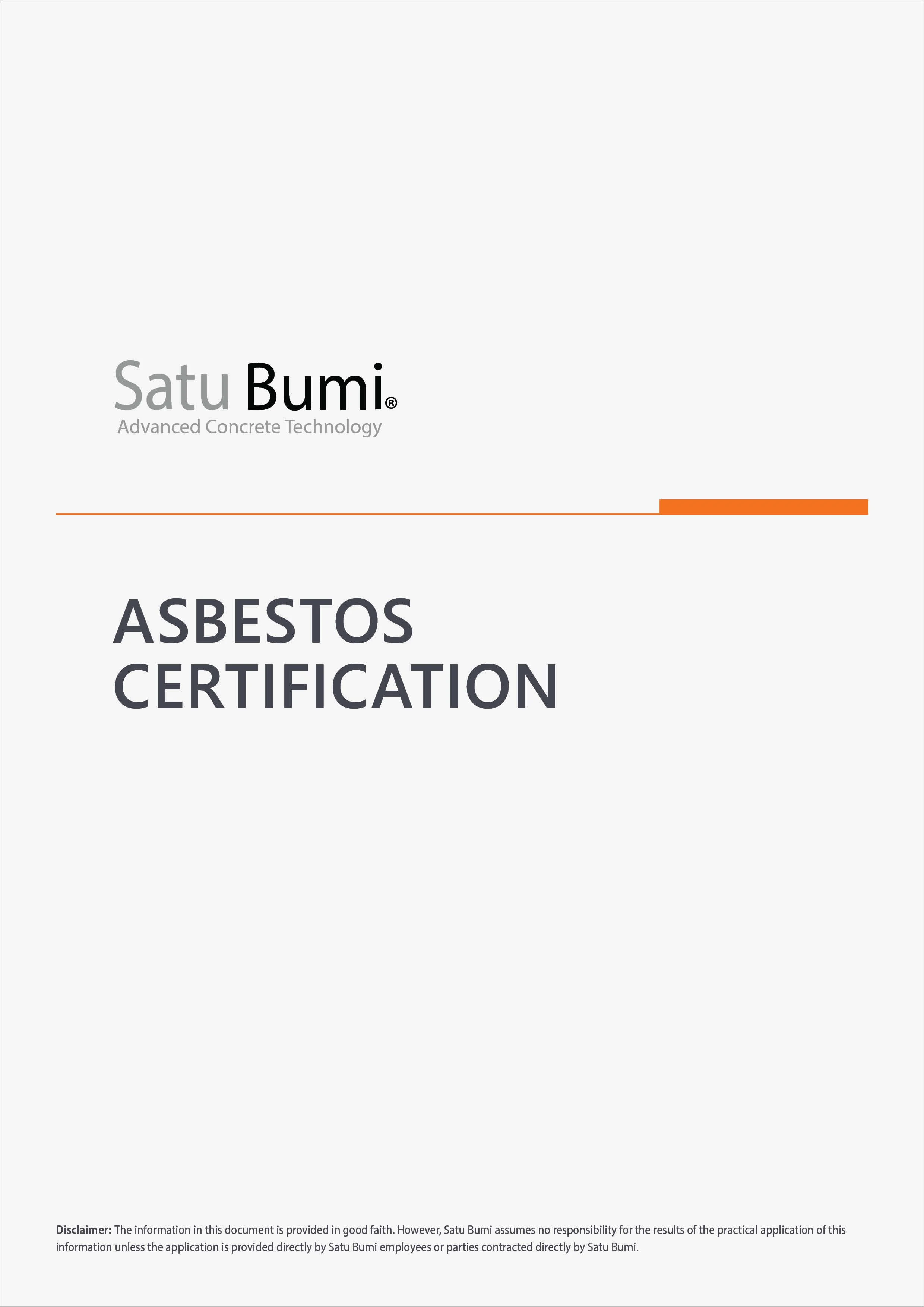 Cover page of an asbestos certification document from Satu Bumi with logo and orange line design.