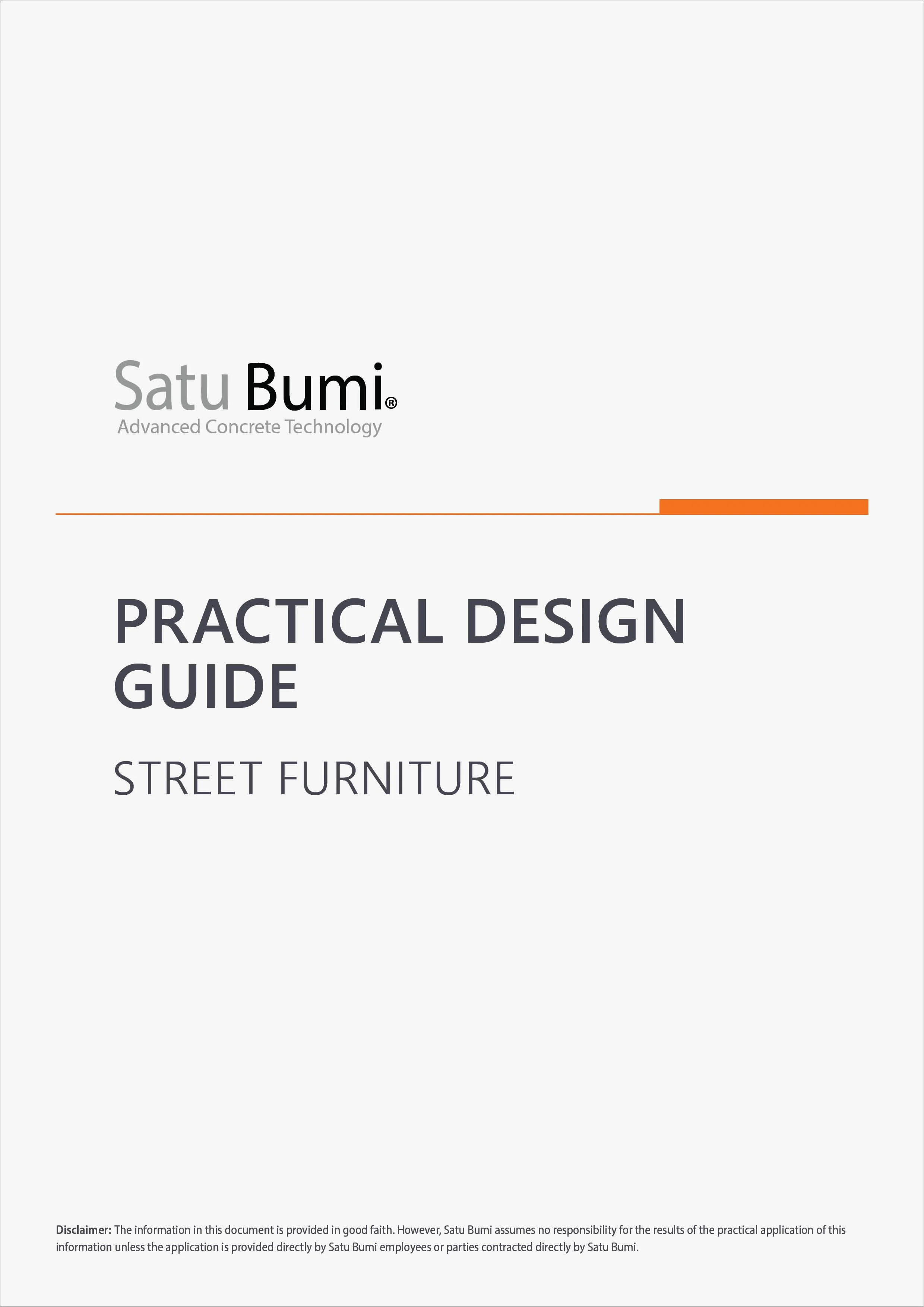 Cover page of a practical design guide on street furniture by Satu Bumi, featuring a minimalist layout with text and a small orange line.