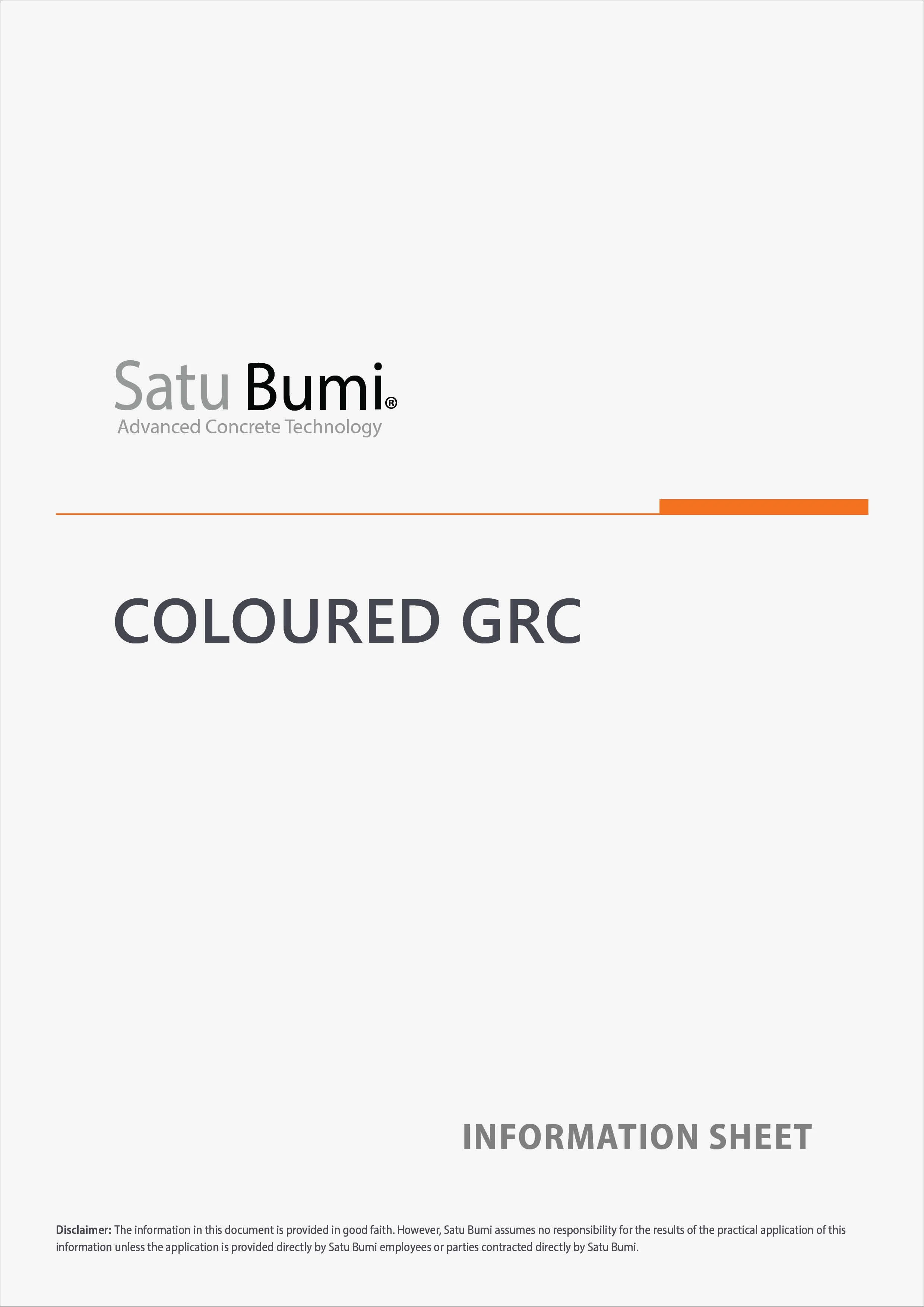 Satu Bumi logo with the tagline 'Advanced Concrete Technology', an orange line graphic, and the title 'COLOURED GRC INFORMATION SHEET' at the bottom.