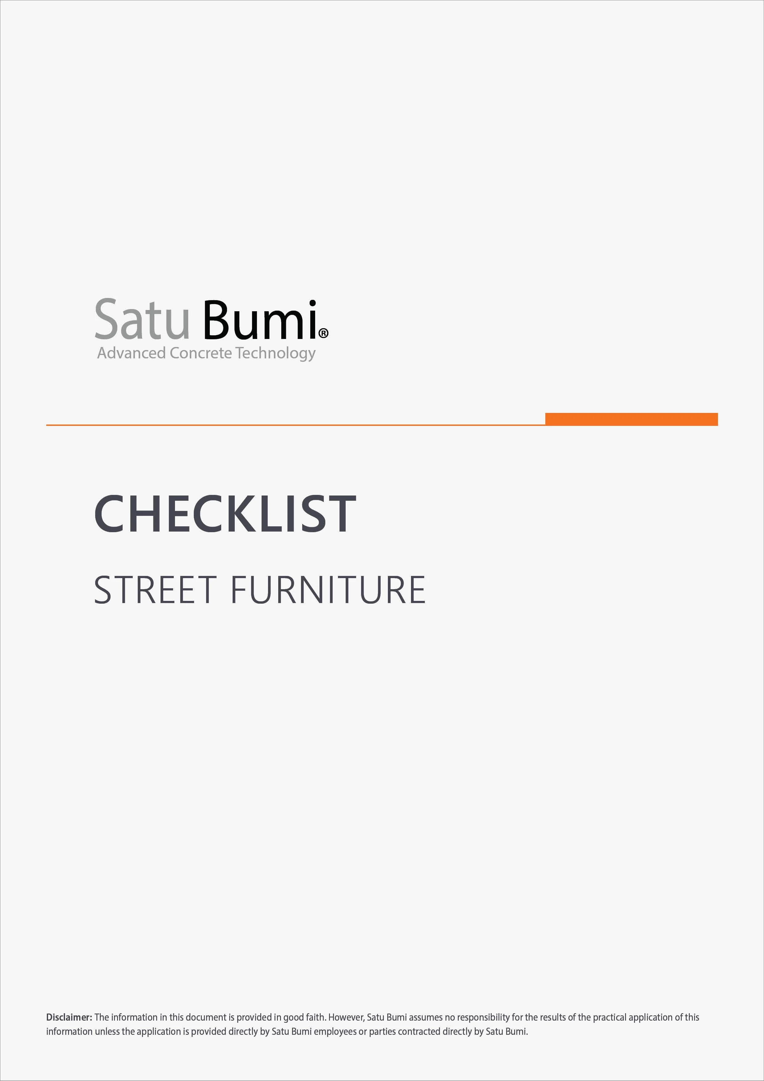 Satu Bumi logo with text 'Advanced Concrete Technology' and a checklist for street furniture.
