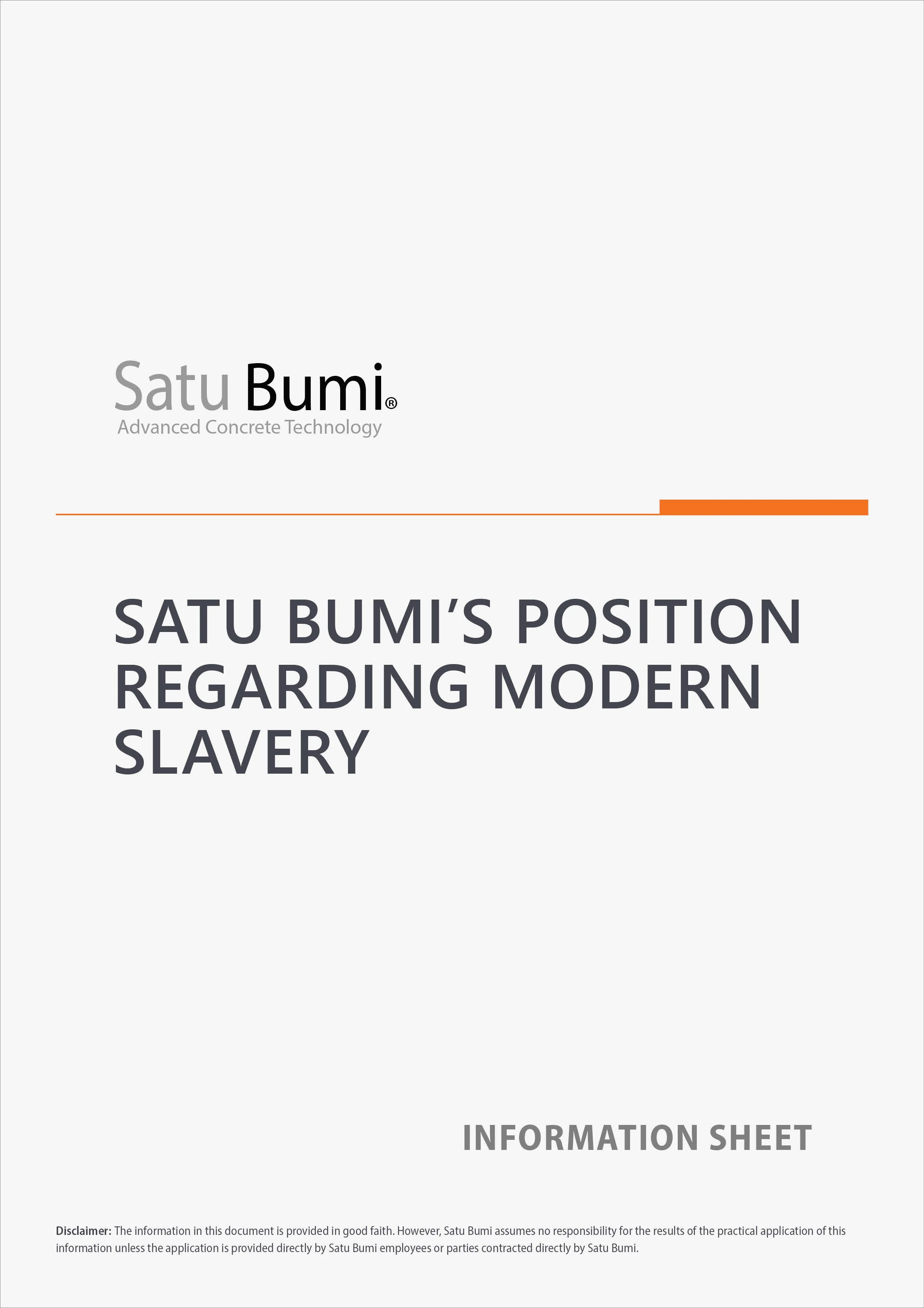 Cover page of an information sheet titled 'Satu Bumi's Position Regarding Modern Slavery' with the Satu Bumi logo and the tagline 'Advanced Concrete Technology.'