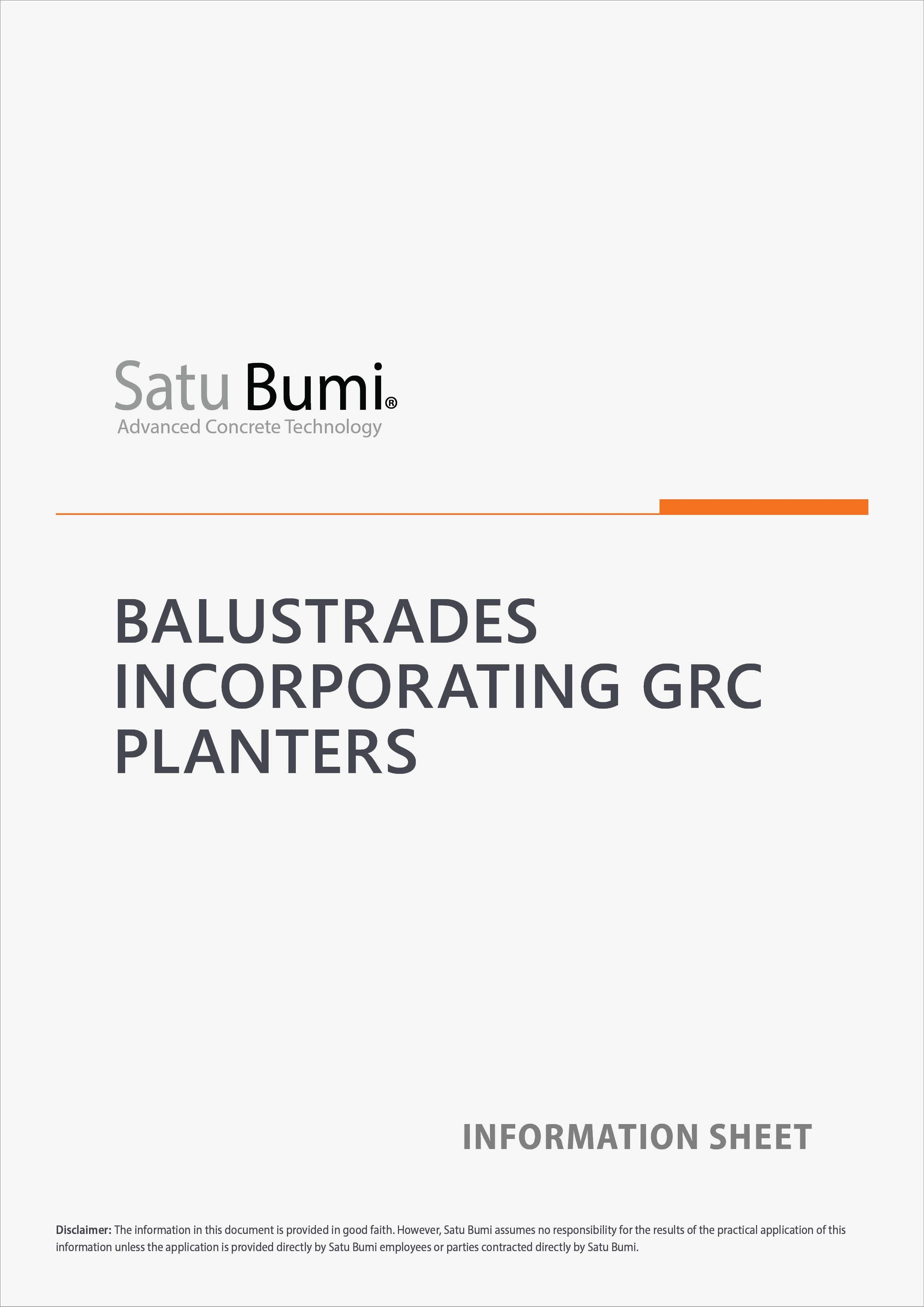 Cover page of a document titled 'Balustrades Incorporating GRC Planters' by Satu Bumi, with the subtitle 'Advanced Concrete Technology' and a disclaimer at the bottom.