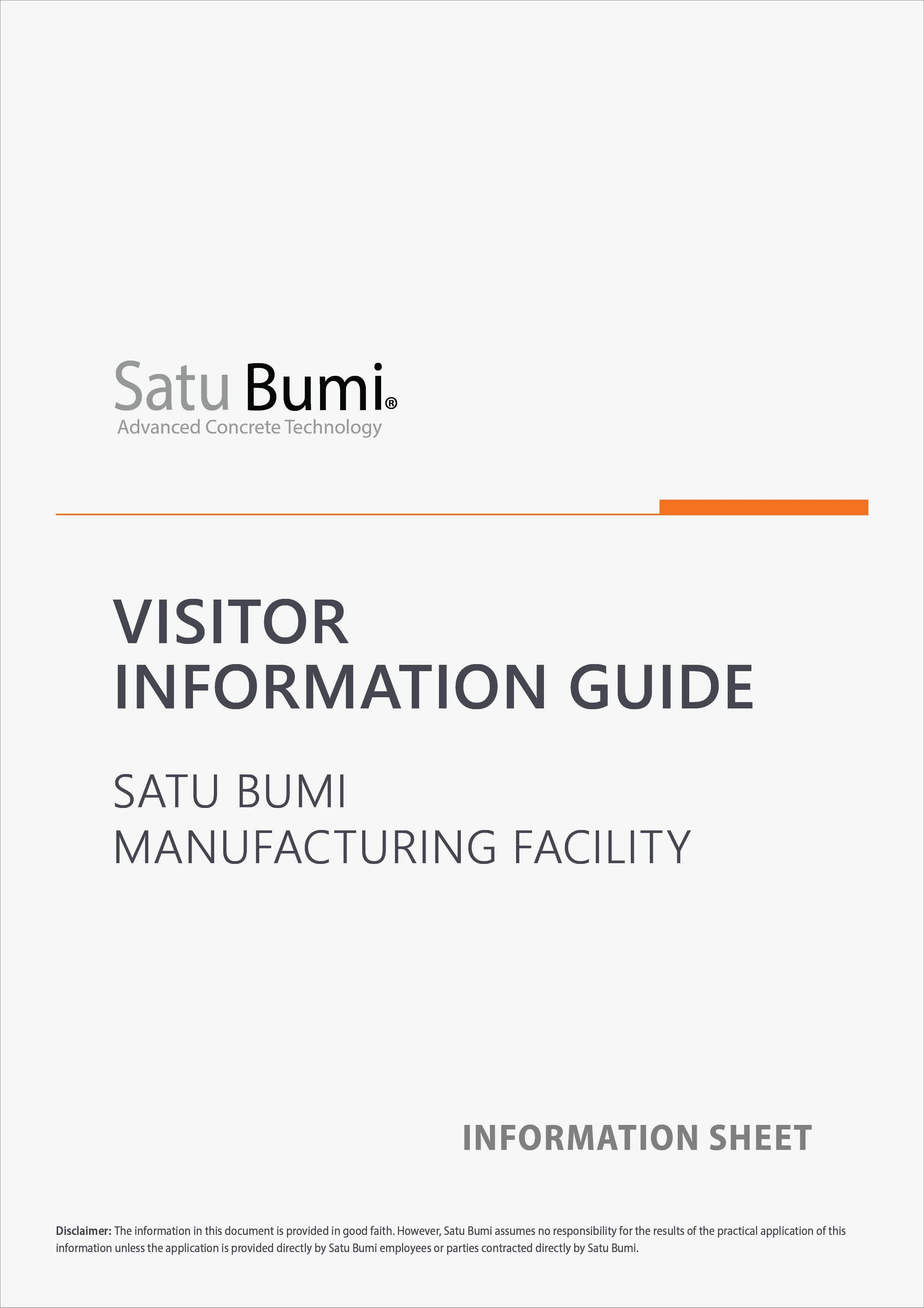 Cover page of a visitor information guide for Satu Bumi Manufacturing Facility with company logo and disclaimer at the bottom.