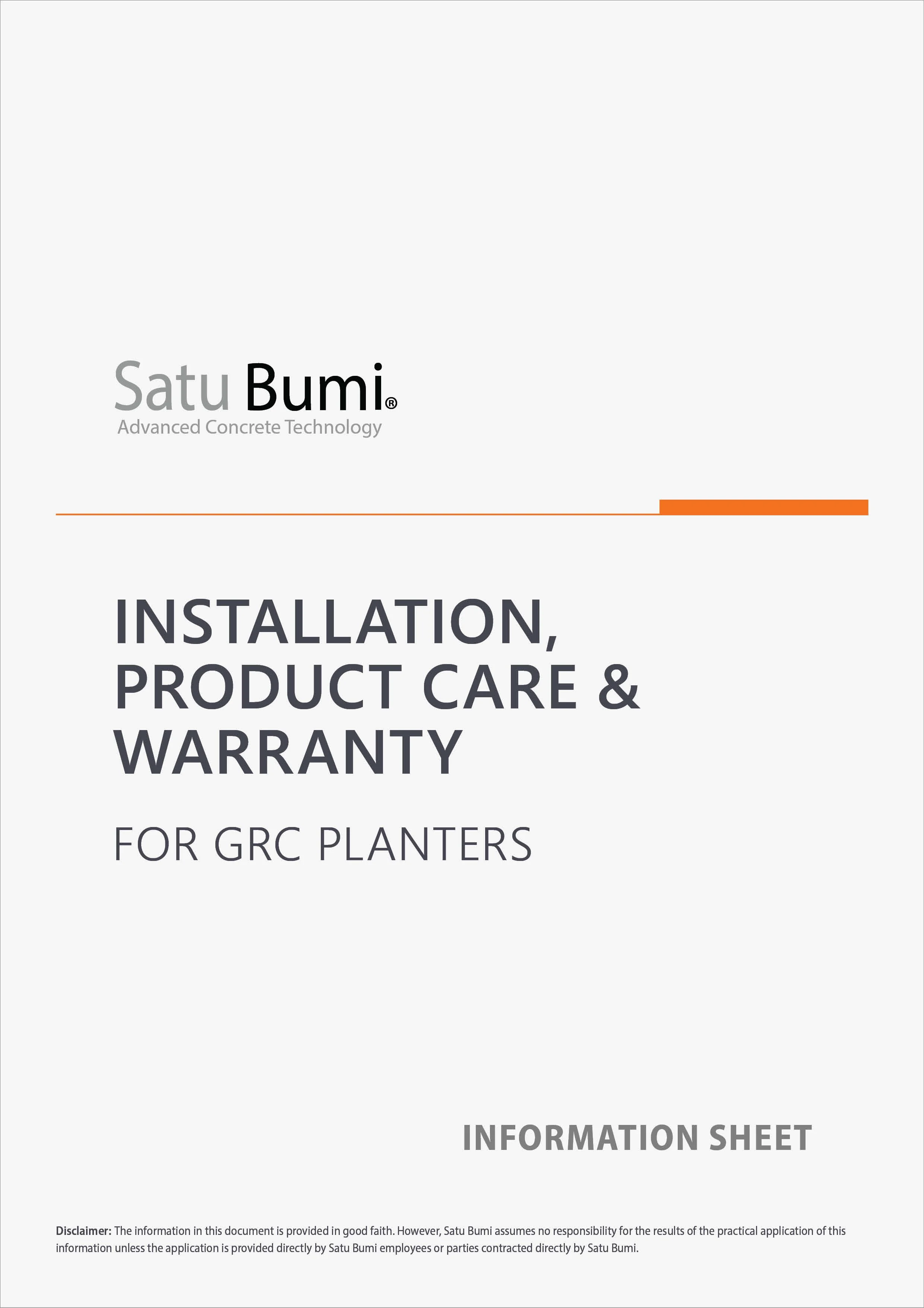 Satu Bumi logo with the tagline 'Advanced Concrete Technology' and the title 'Installation, Product Care & Warranty' for GRC planters, on an informational document.