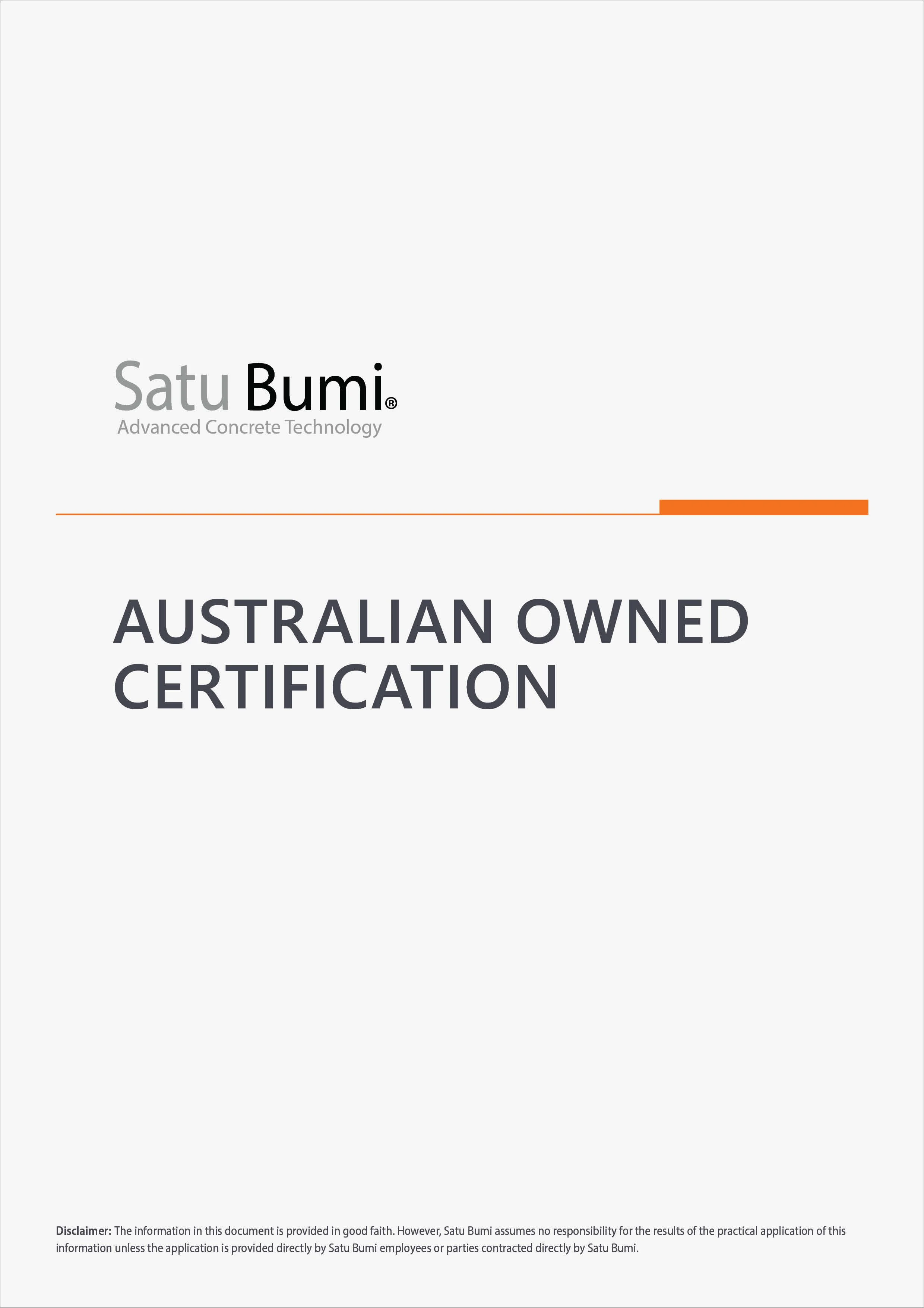 Satu Bumi logo with the tagline 'Advanced Concrete Technology' and a banner indicating 'Australian Owned Certification'.