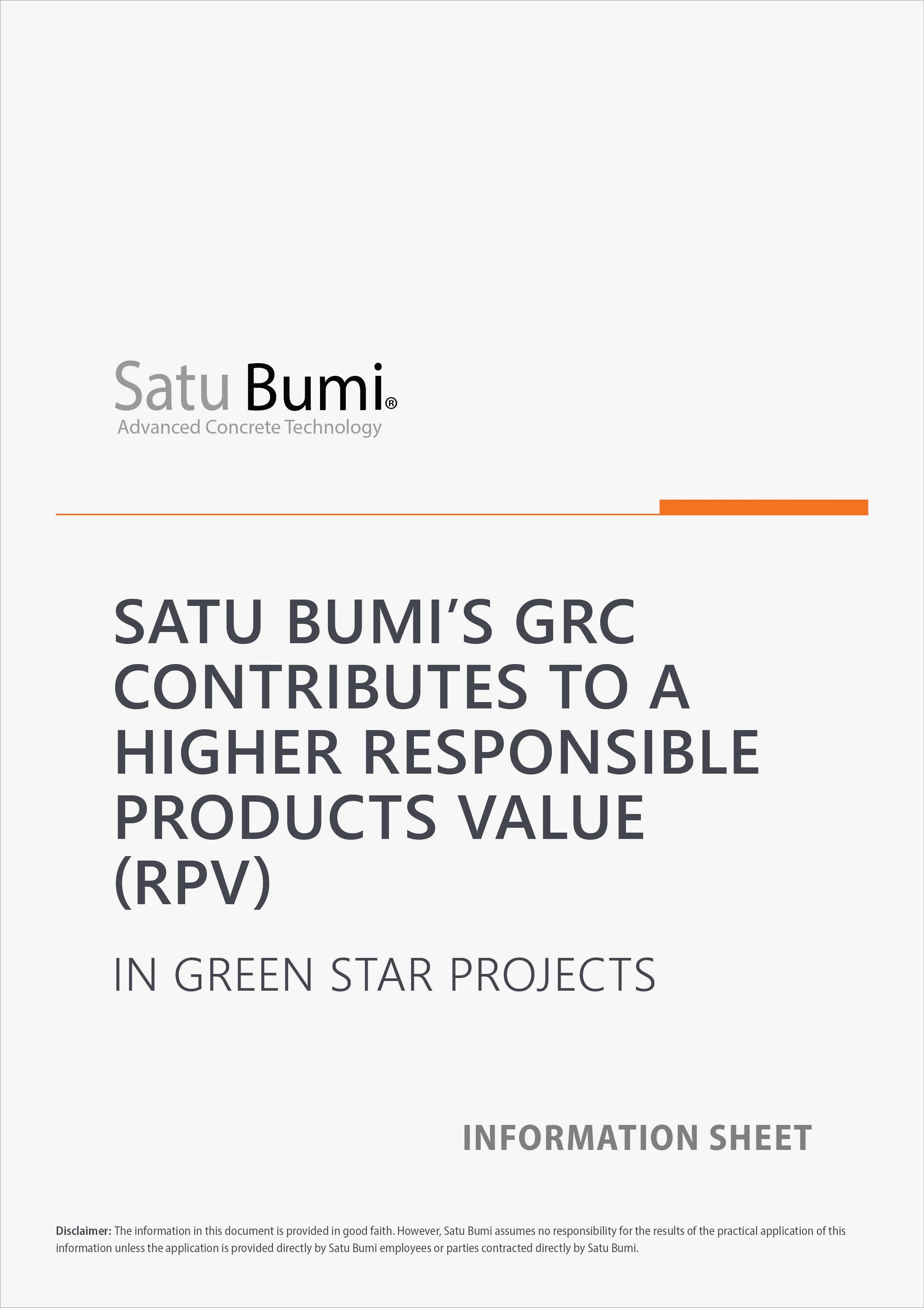 Cover page of an information sheet titled 'Satu Bumi's GRC CONTRIBUTES TO A HIGHER RESPONSIBLE PRODUCTS VALUE (RPV)'. The sheet is associated with Green Star projects and includes a disclaimer at the bottom.