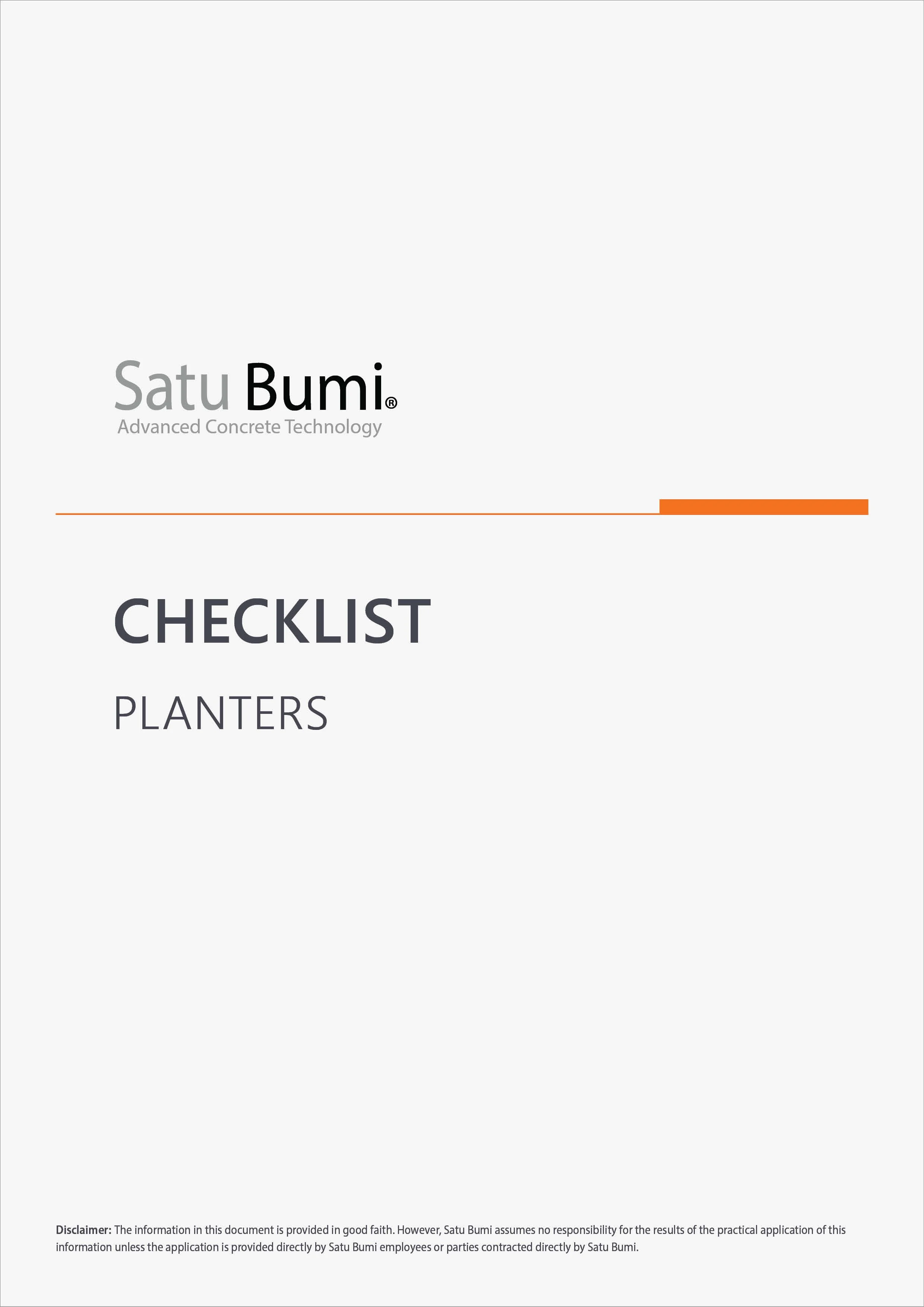Satu Bumi brand logo with the tagline 'Advanced Concrete Technology' and a checklist for planters.