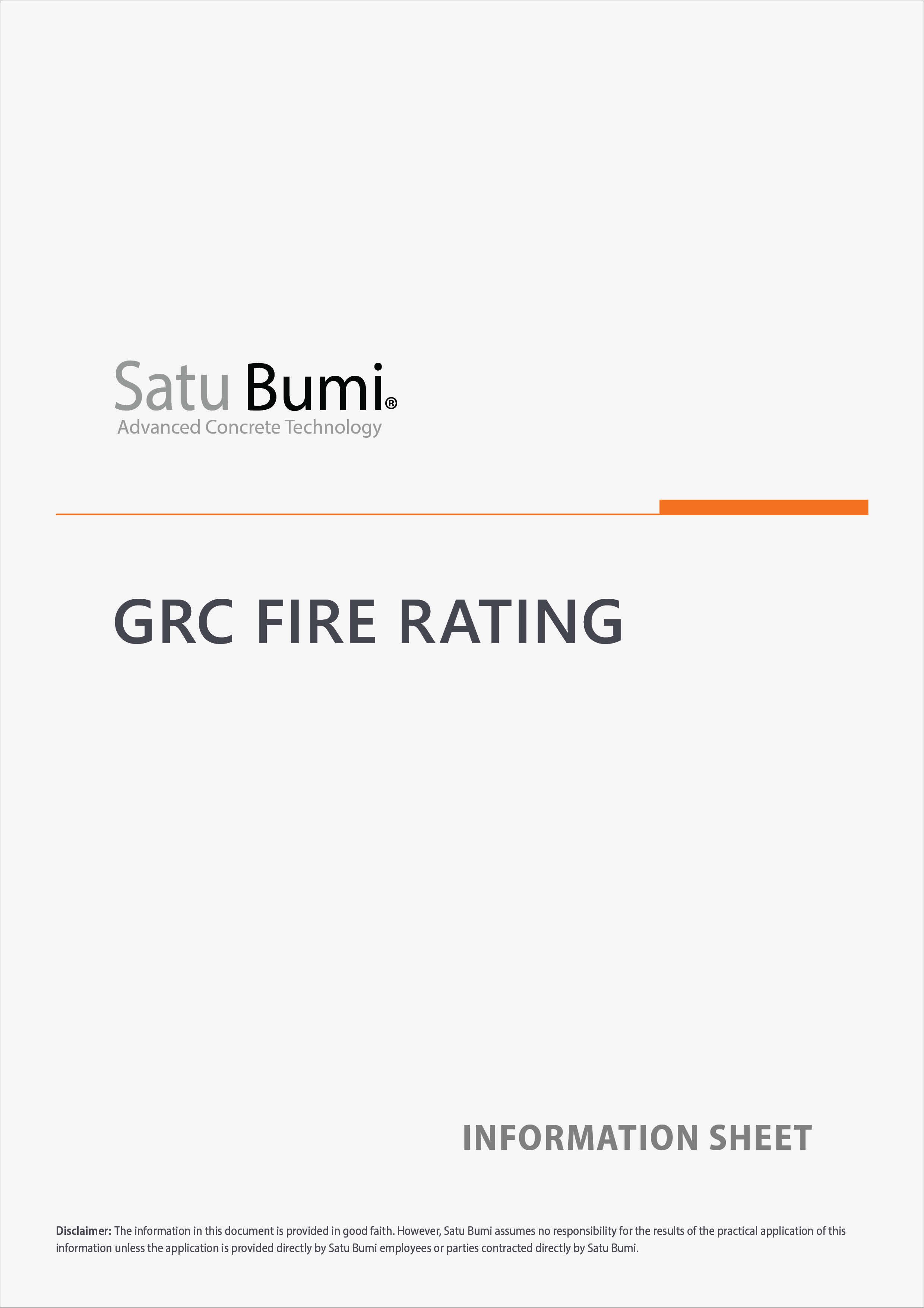 Cover page of an information sheet for Satu Bumi, featuring the title 'GRC Fire Rating' and a disclaimer at the bottom.