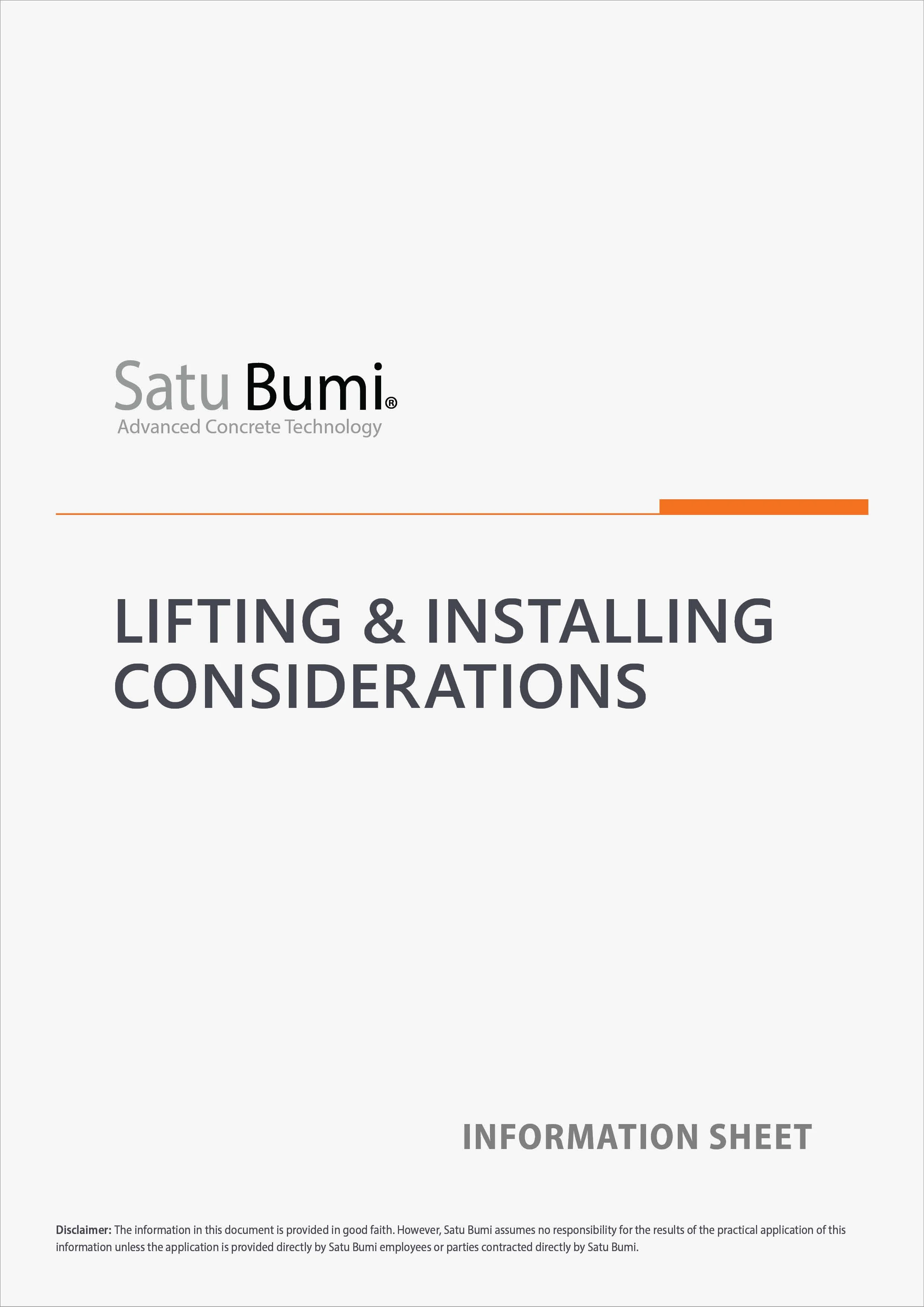 Cover page of a document titled 'Lifting & Installing Considerations' by Satu Bumi, with a note at the bottom about the disclaimer and responsibility for the information.
