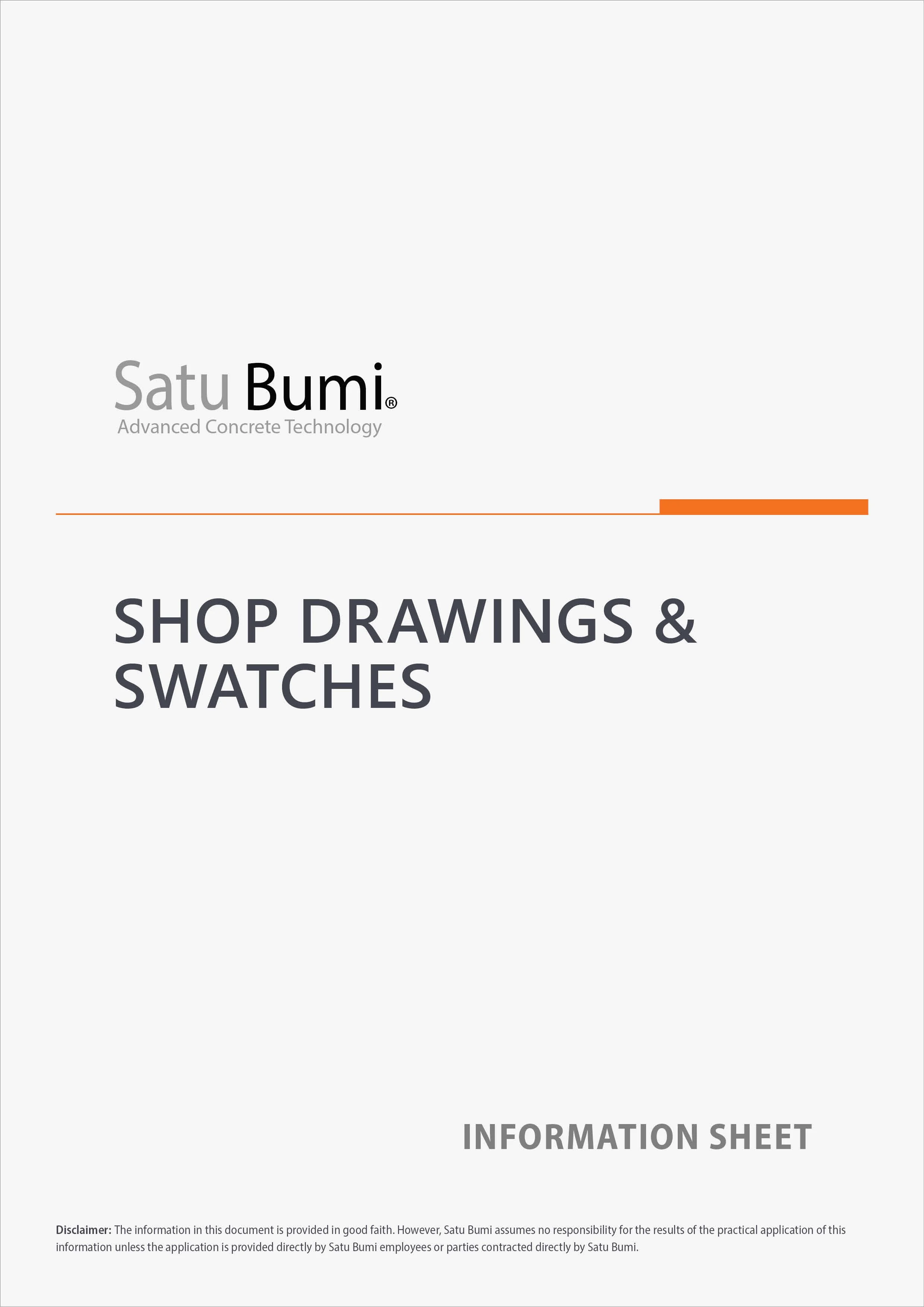 Cover page of an information sheet titled "Shop Drawings & Swatches" for Satu Bumi Advanced Concrete Technology, with a disclaimer at the bottom.