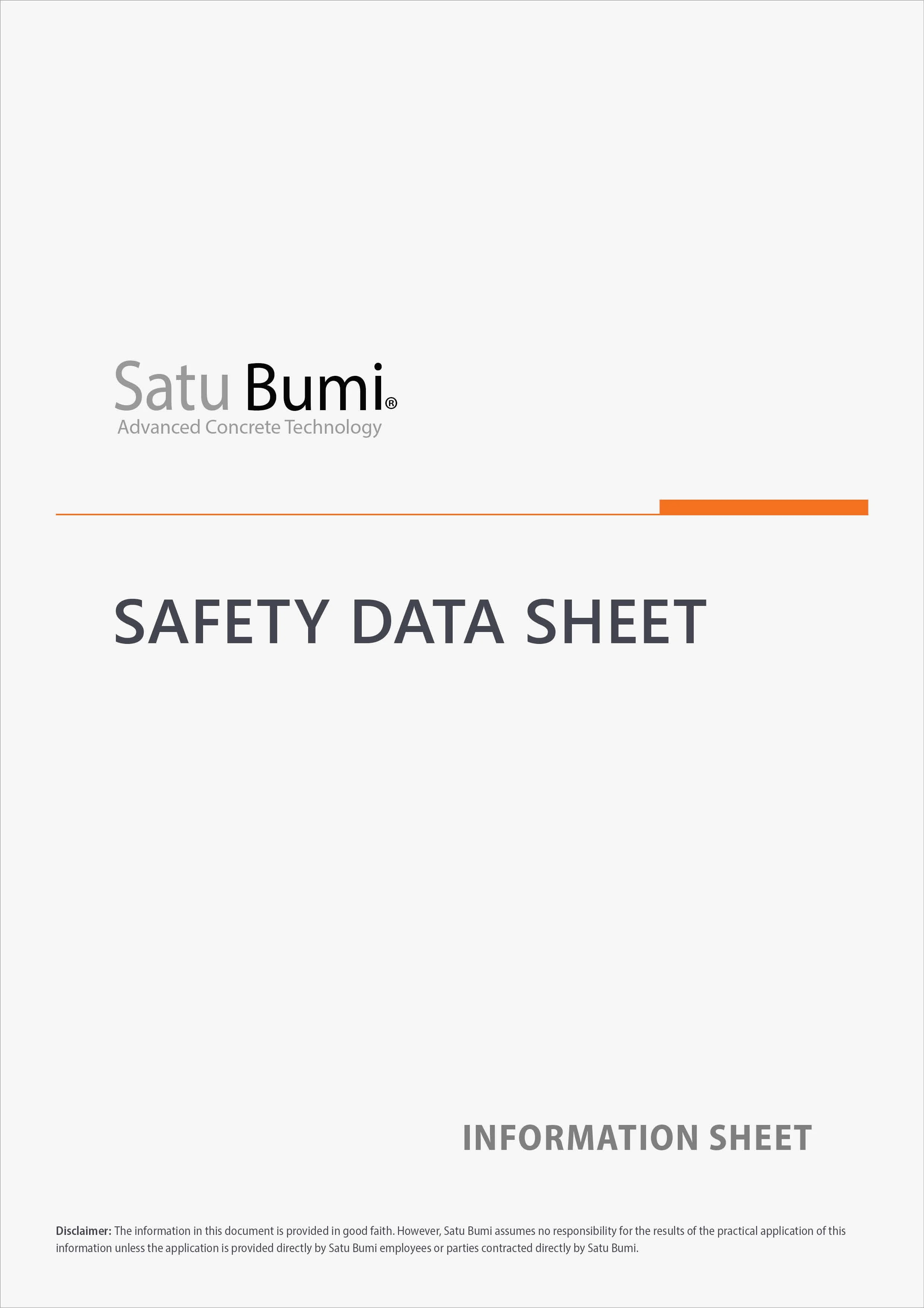 Satu Bumi safety data sheet cover page with the title in large font, an orange line across the page, and a disclaimer at the bottom.