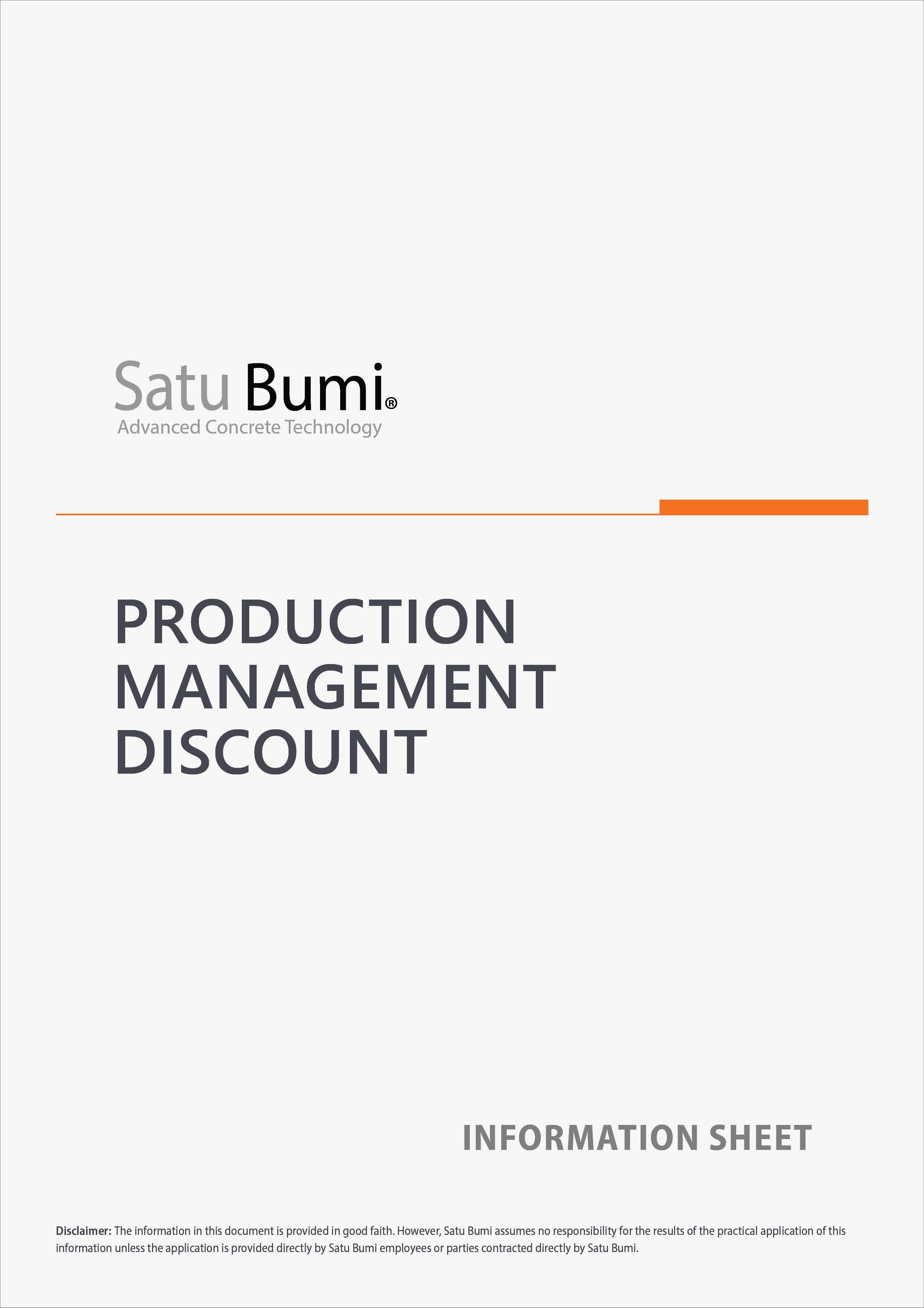 Cover page of a document titled 'Production Management Discount' with the Satu Bumi logo and tagline, and a footer with a disclaimer about the information provided.