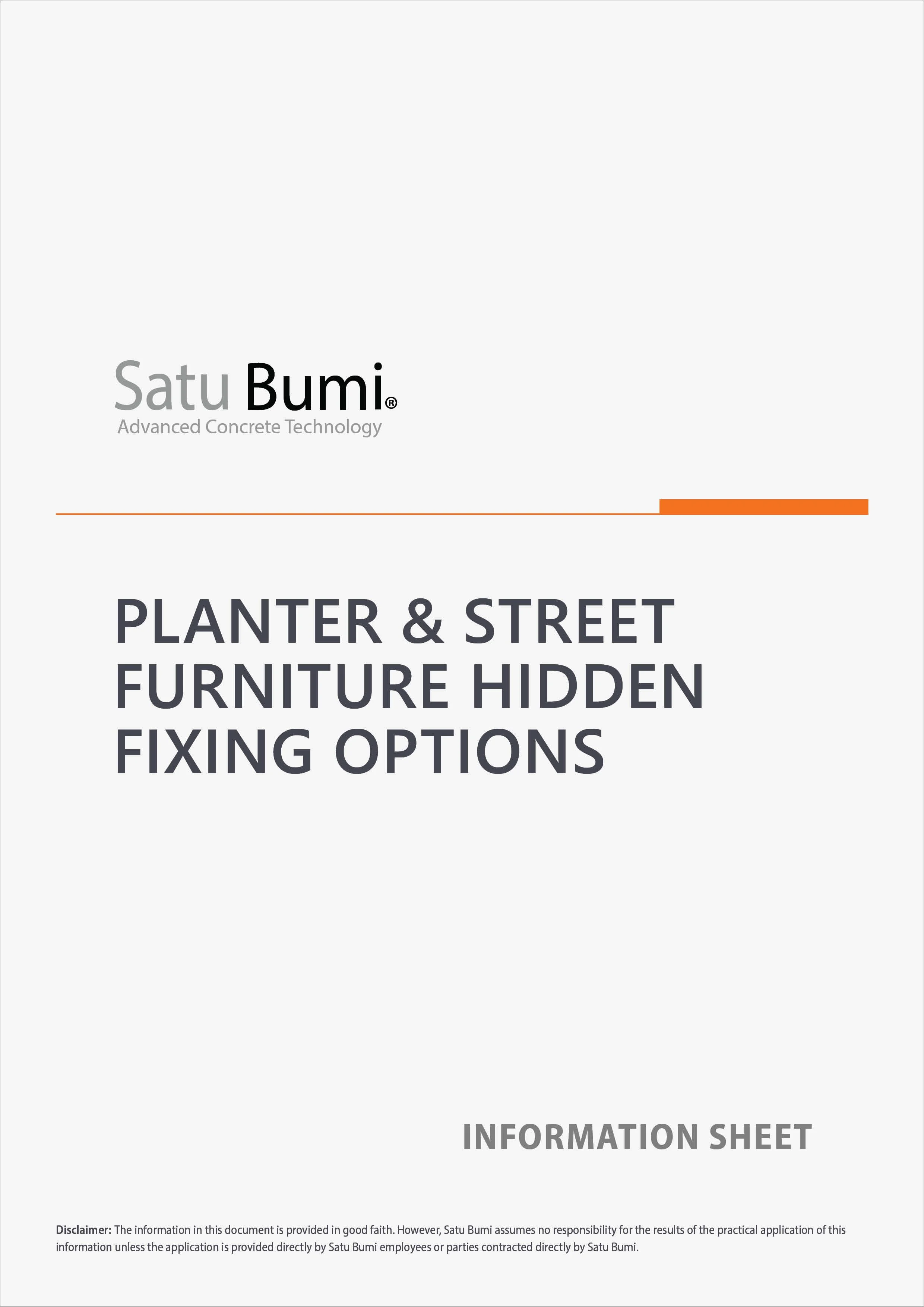 Cover page of an information sheet titled 'Planter & Street Furniture Hidden Fixing Options' by Satu Bumi, featuring a minimalist design with a gray, white, and orange color scheme.