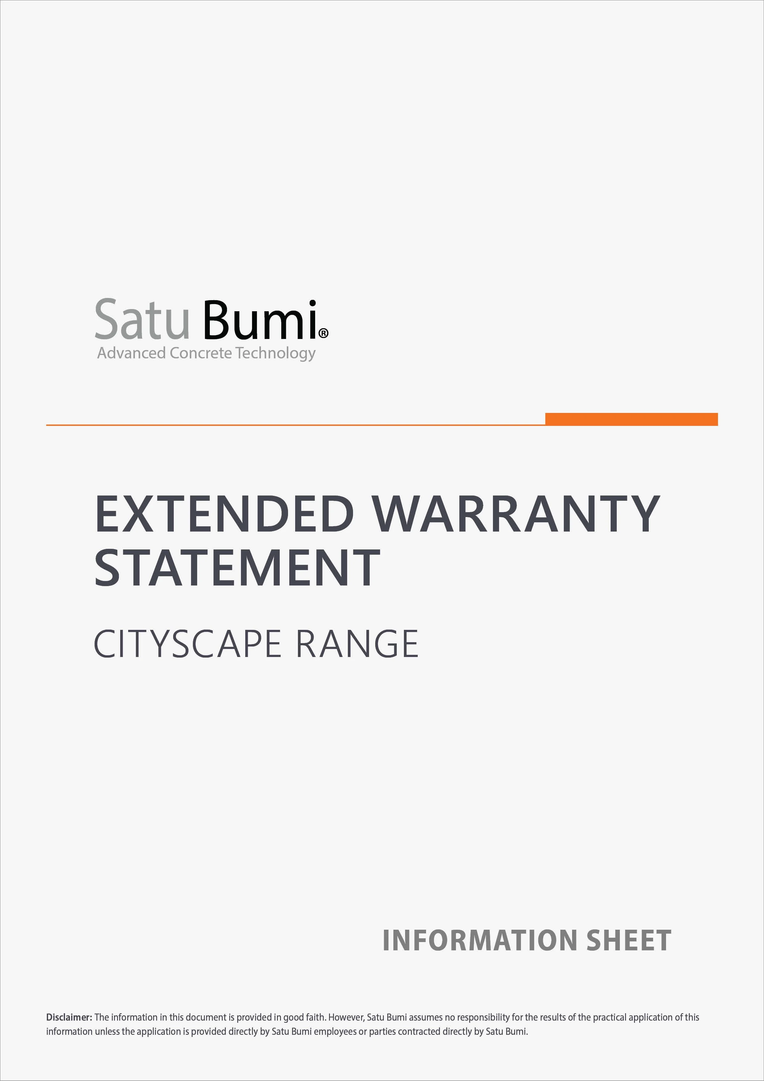 Cover page of a document titled 'Extended Warranty Statement' for Cityscape Range by Satu Bumi, featuring a minimalist design with gray, black, and orange accents.