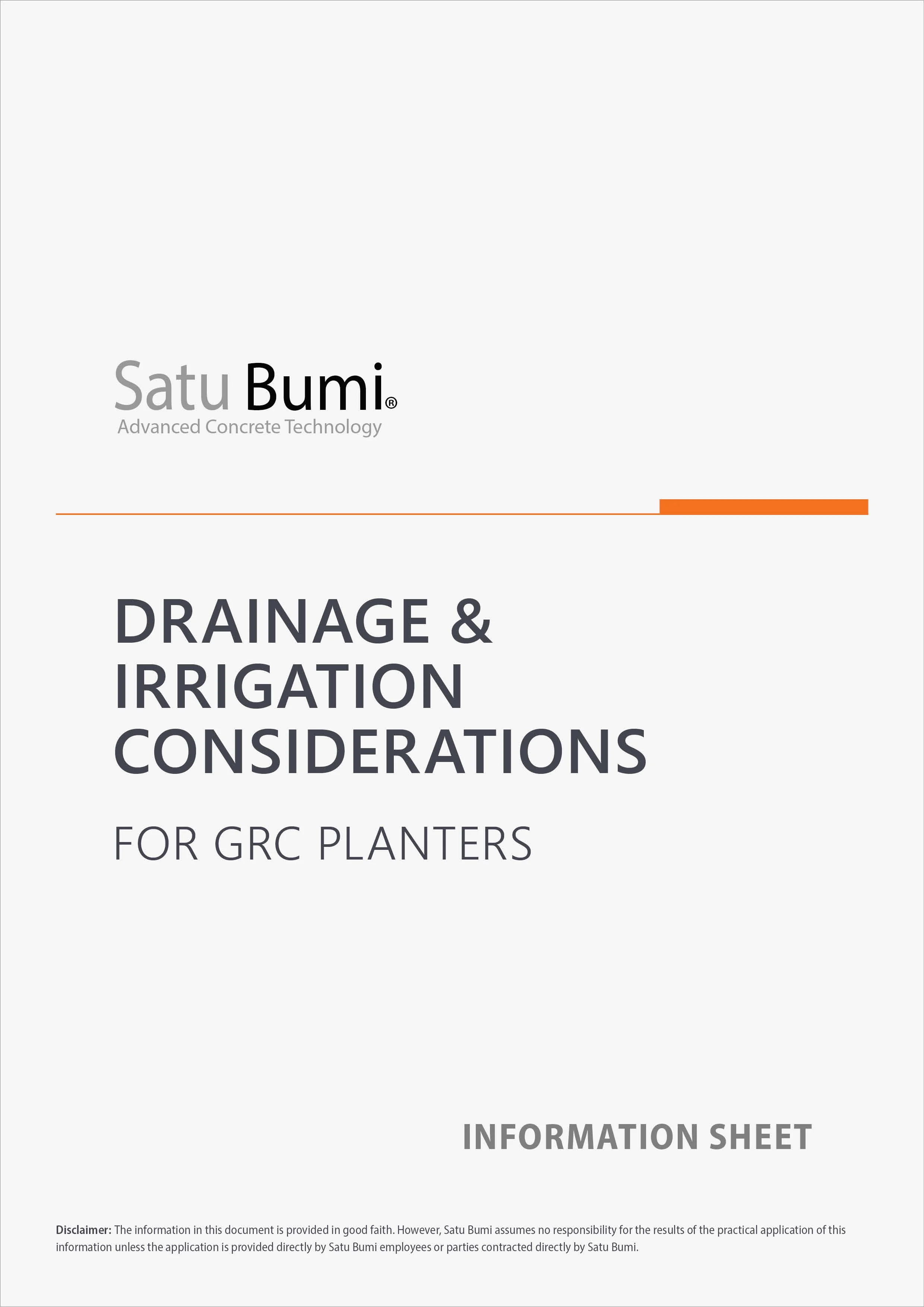 Cover page of an Satu Bumi information sheet titled "Drainage & Irrigation Considerations for GRC Planters" with a disclaimer at the bottom.