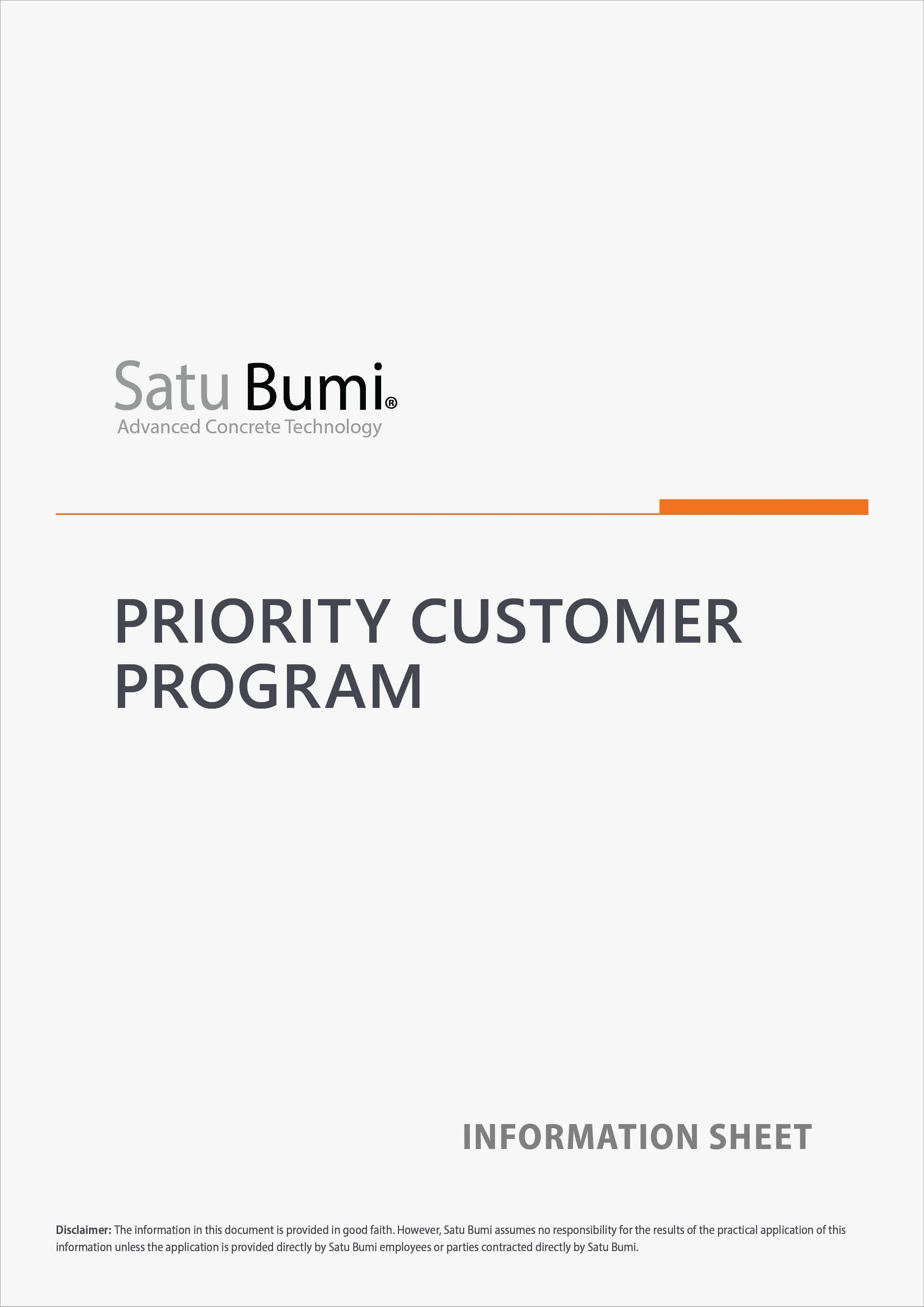 Cover page of a document titled 'Priority Customer Program' and 'Information Sheet' with the logo 'Satu Bumi' and the slogan 'Advanced Concrete Technology.'