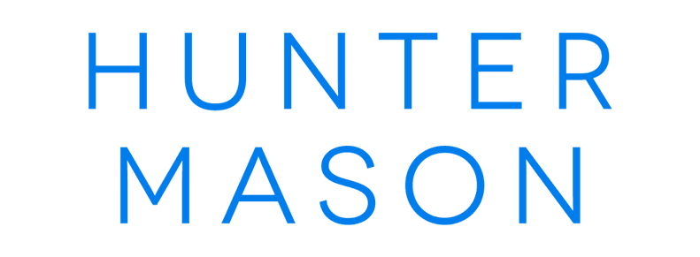 "HUNTER MASON" text in blue on a gray background.