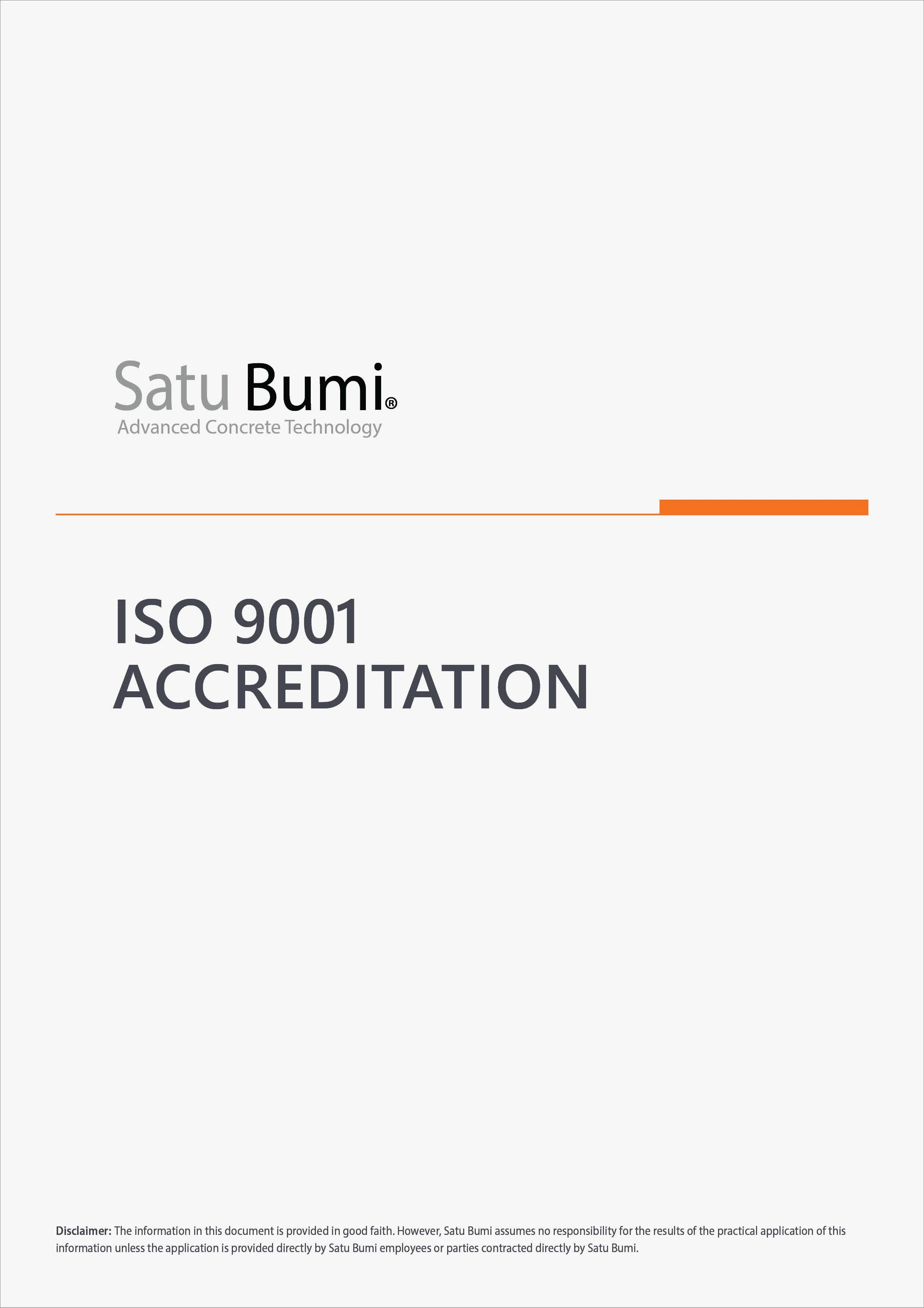Satu Bumi logo with the text "Advanced Concrete Technology" and an orange line, along with the words "ISO 9001 Accreditation" on a document.