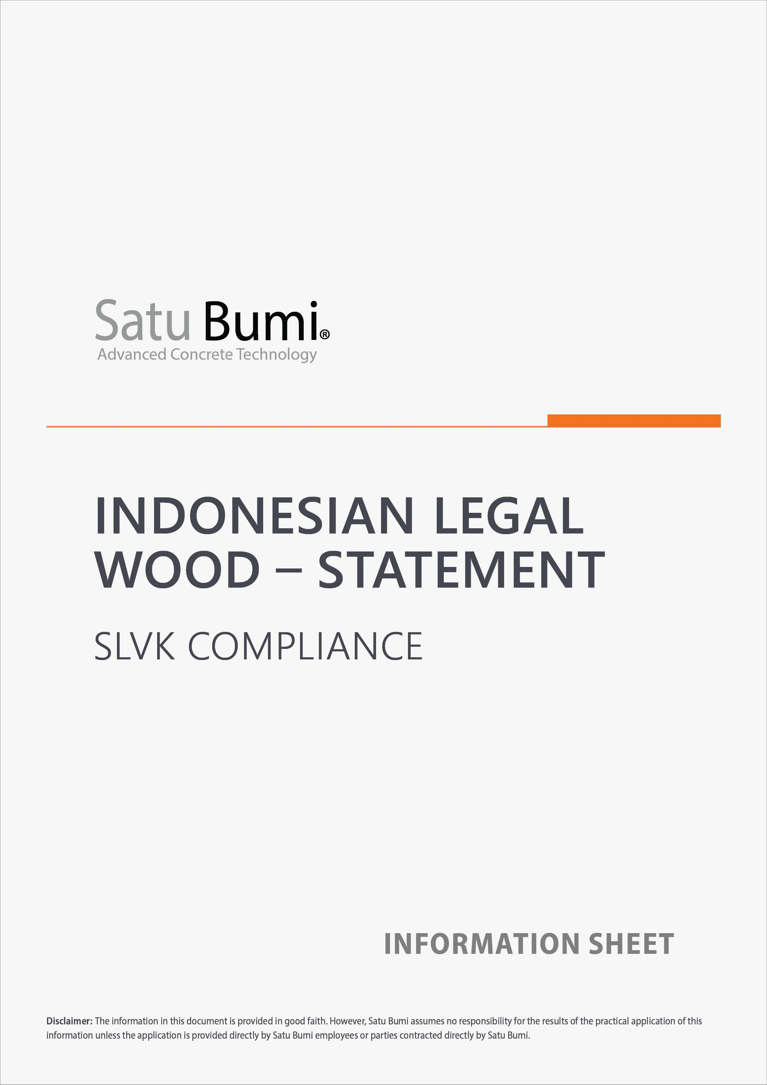 Cover page of a document titled 'Indonesian Legal Wood - Statement' by Satu Bumi, with a disclaimer at the bottom.