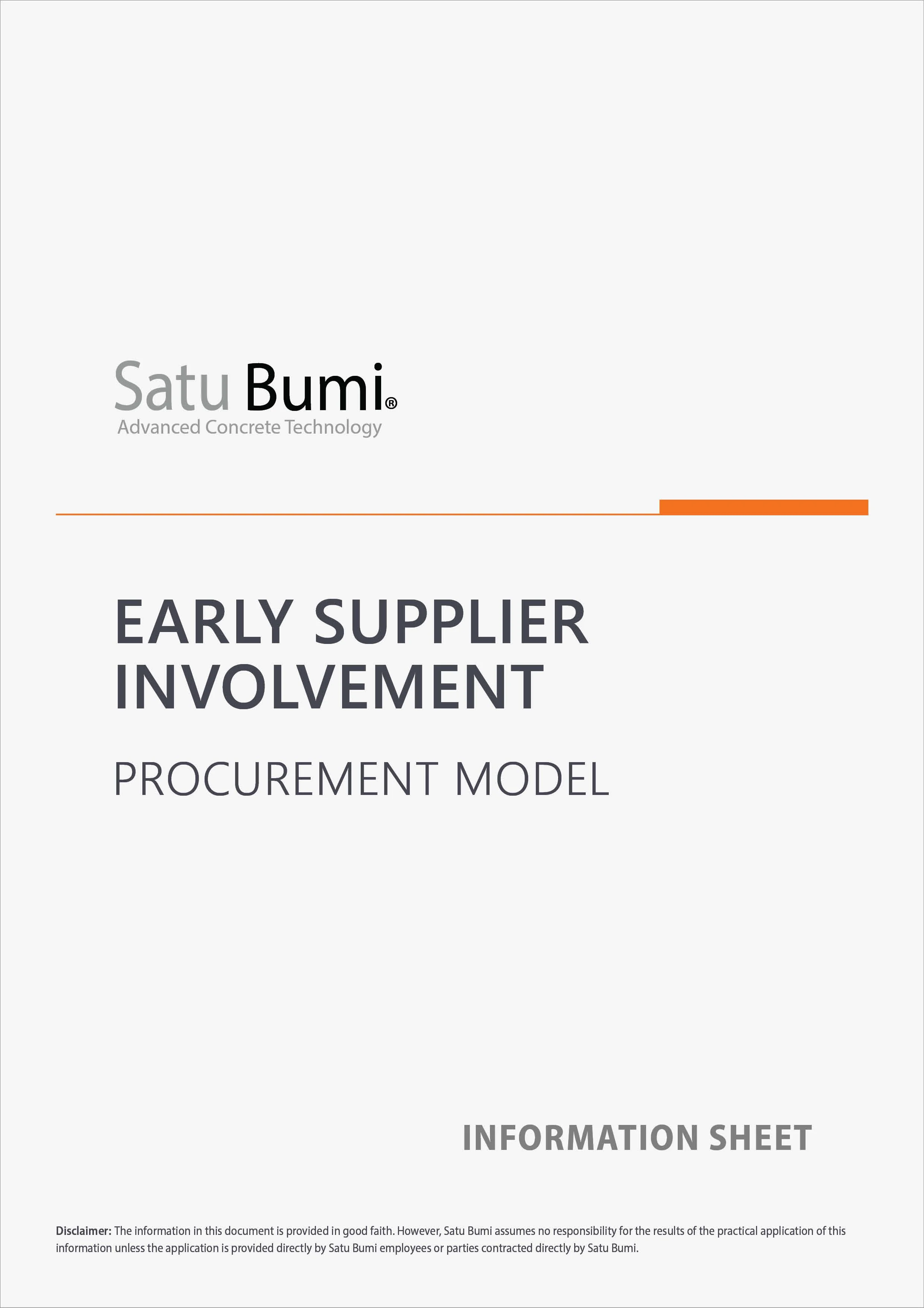 Cover page of a document titled 'Early Supplier Involvement Procurement Model' by Satu Bumi with the subtitle 'Advanced Concrete Technology' and a disclaimer at the bottom.