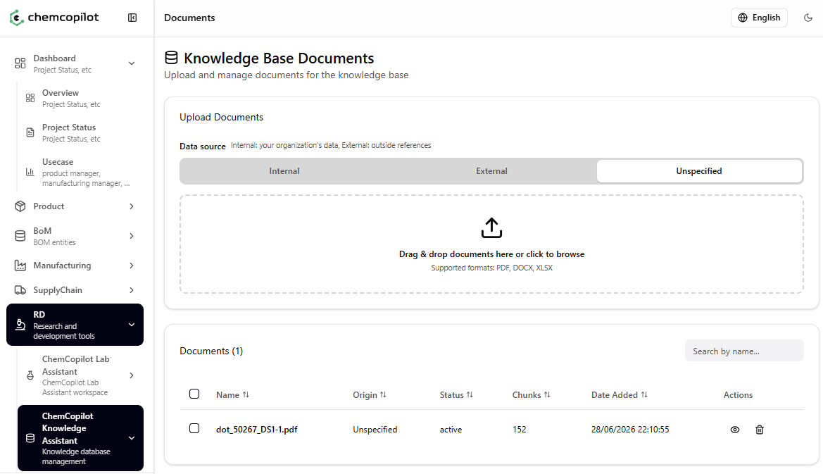 ChemCopilot data ingestion — uploading experimental data, PDFs, and ERP connections