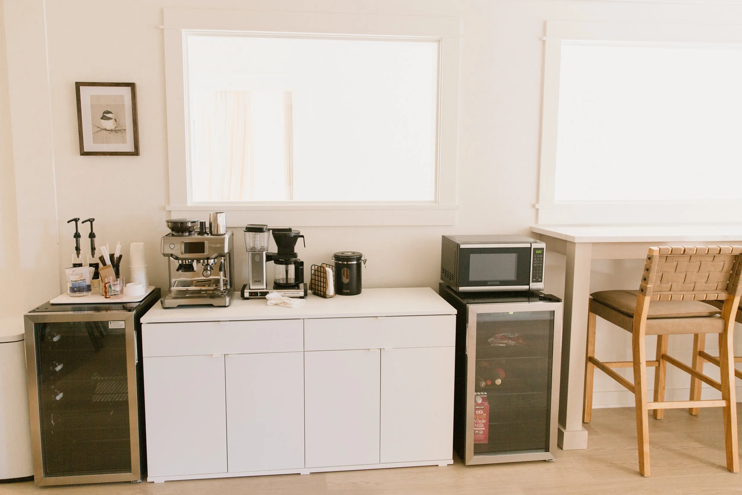 Coffee and kitchenette area in the common space at The Nook Bend