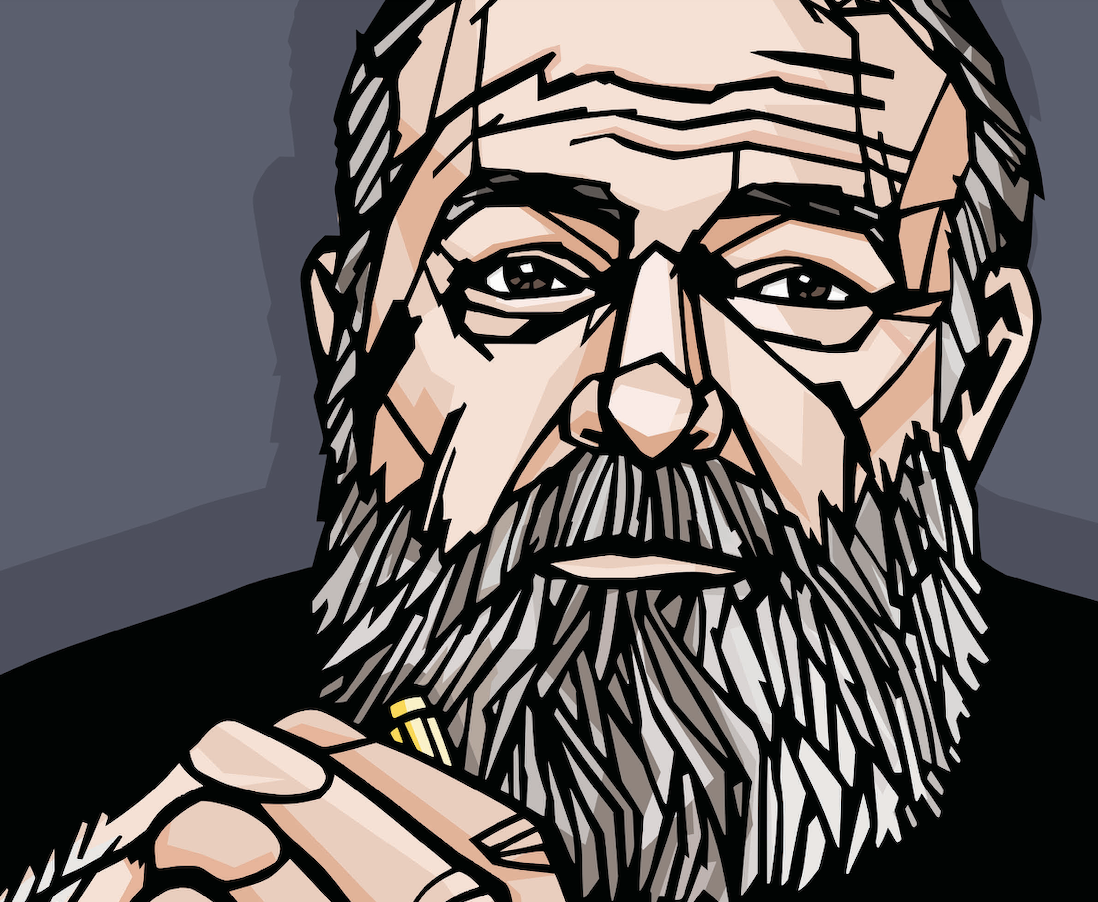Illustrated book cover of "The Killers" by Ernest Hemingway, featuring a stylized portrait of an older man with and a long, gray beard, holding a pen.