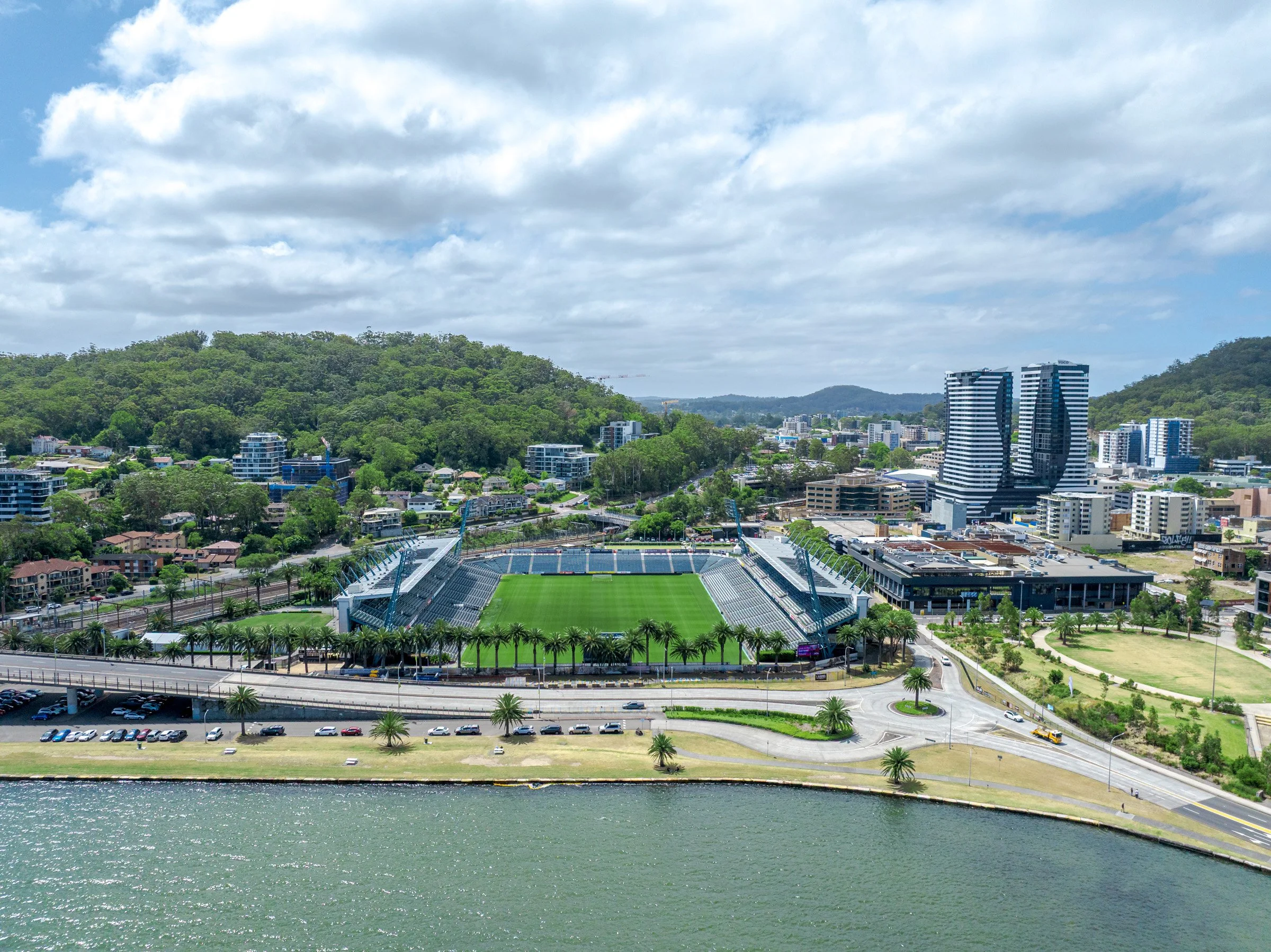Central Coast Stadium, iconic for the palm trees and water views.