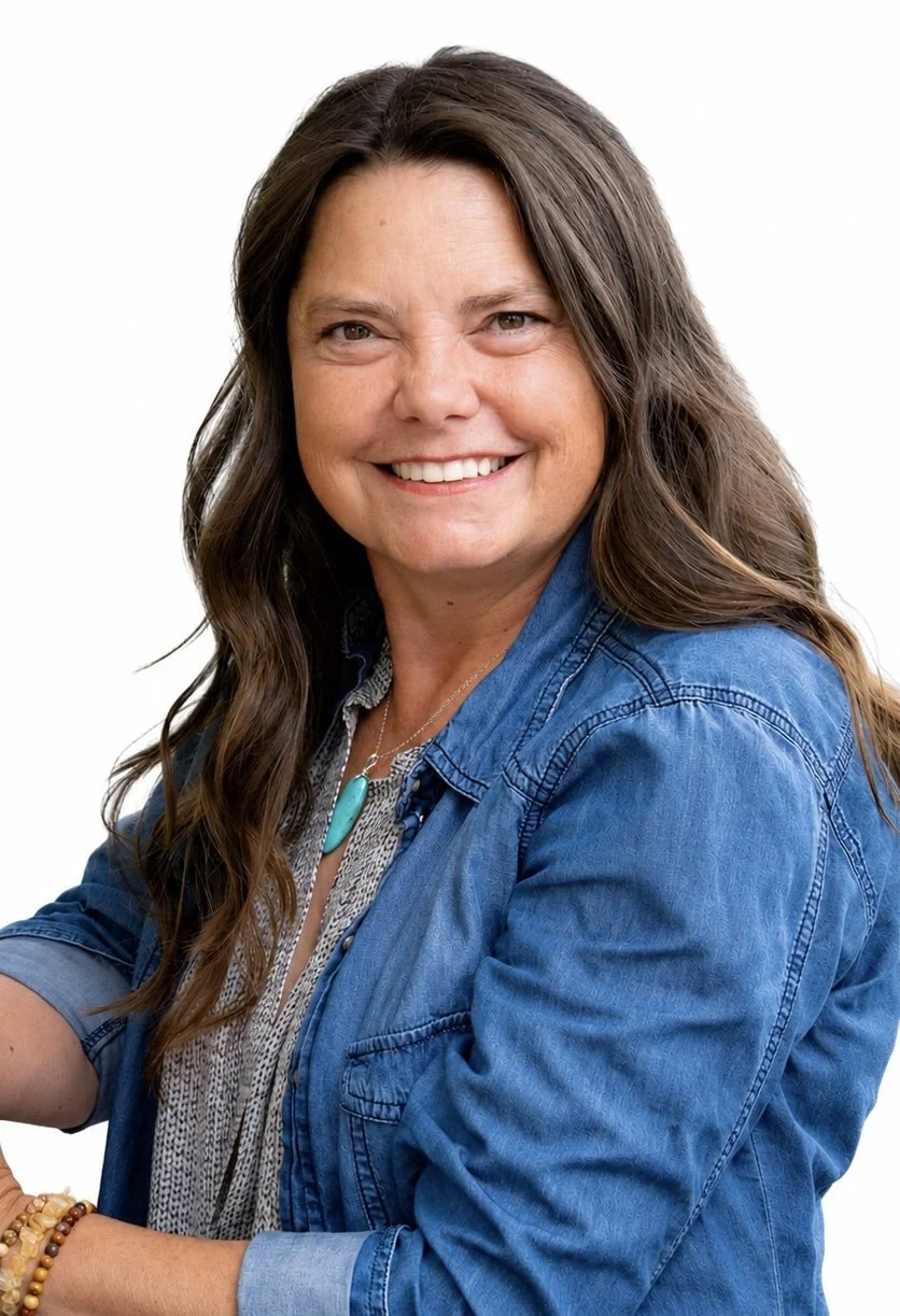 A smiling woman with long brown hair wearing a denim jacket and a turquoise necklace against a white background.