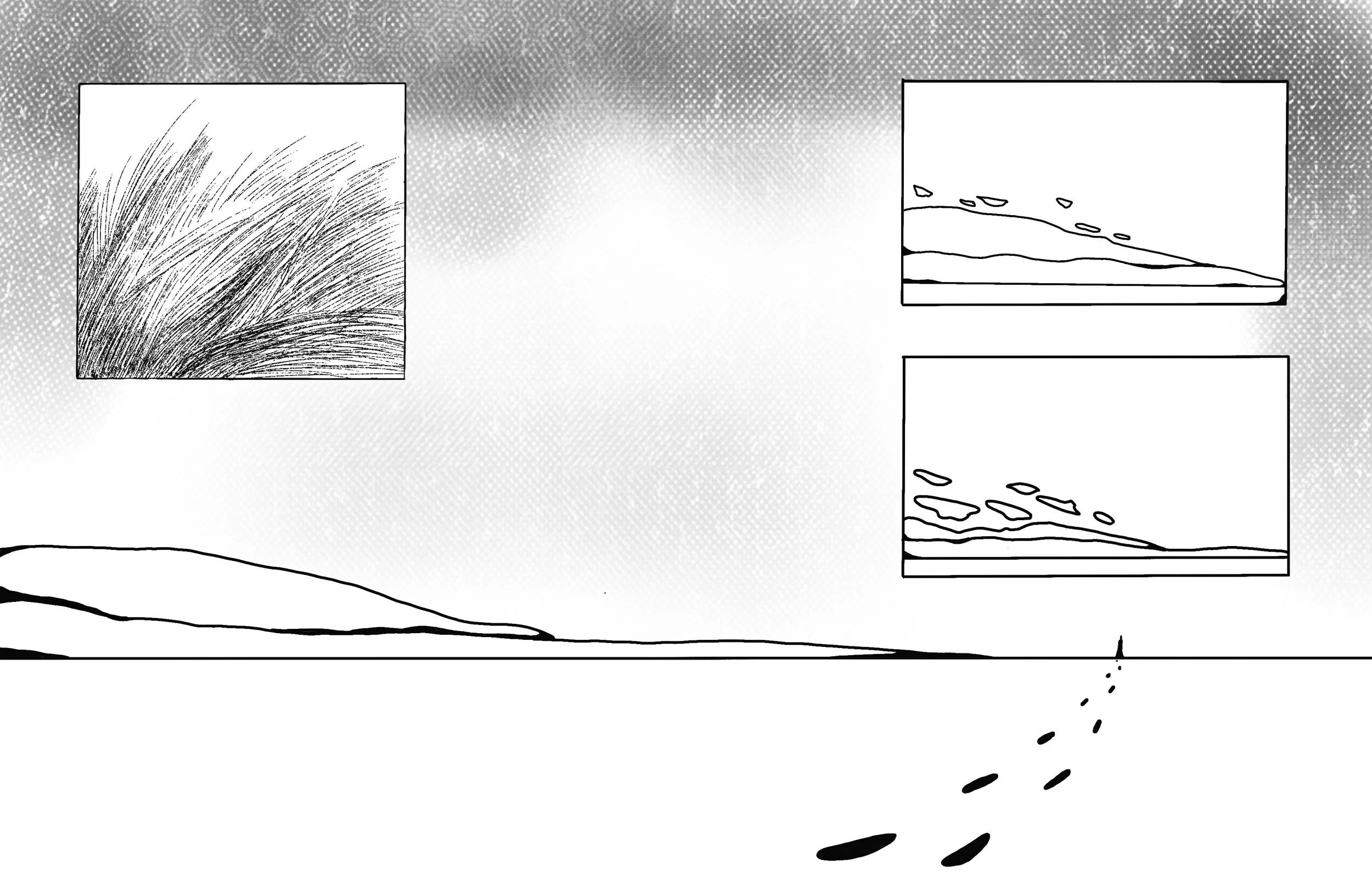 Schets van een kustlandschap met een pad dat naar de horizon leidt, een heuvel rechts en twee kleine illustraties van vliegende vogels in de lucht op de rechterkant.