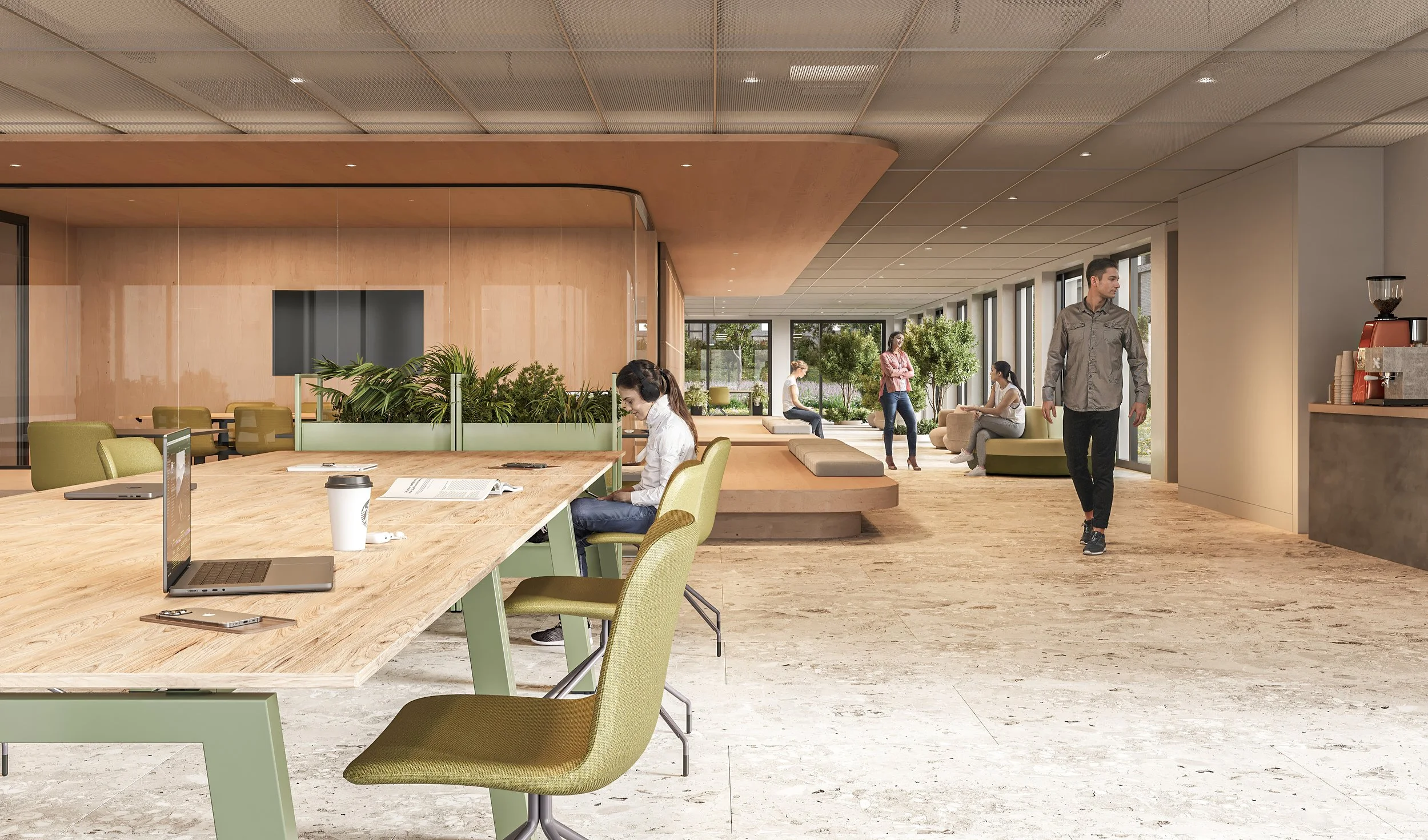 Workplace design - open werkplek ontwerp with biophilic elements, calm material palette and collaborative zones