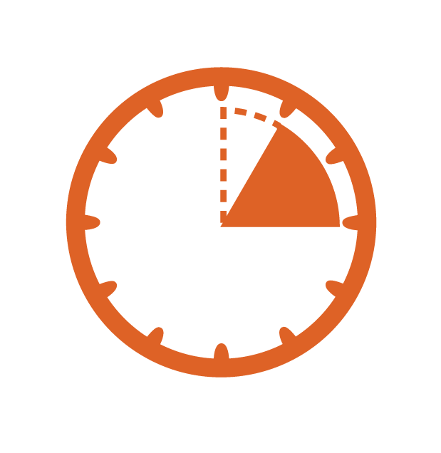 A clock with orange hour marks and a single orange segment indicating a quarter of an hour.