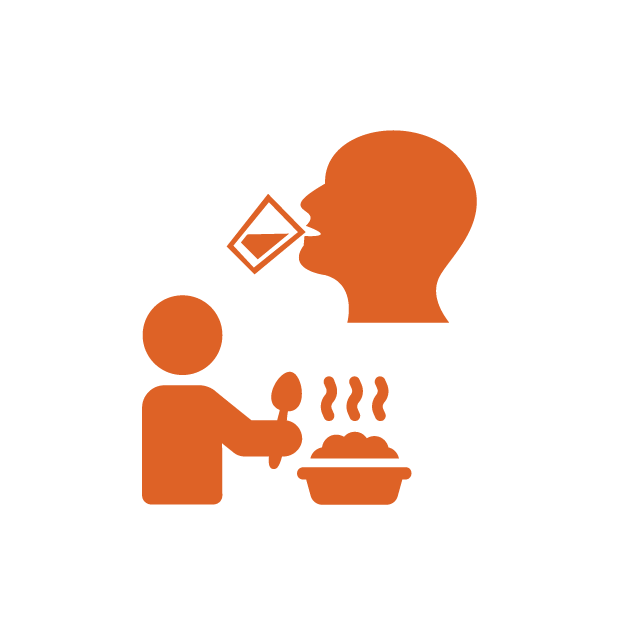 A person eating food while another person is pouring a drink into their mouth.