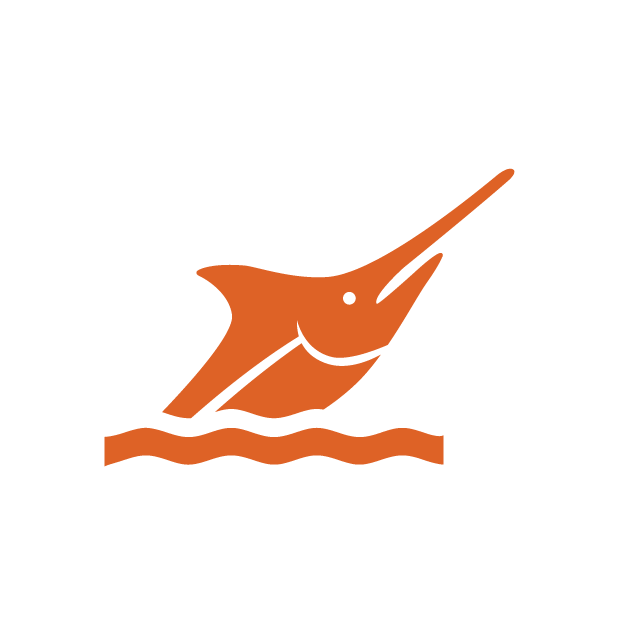 Simplified orange outline of a sailfish jumping out of water.