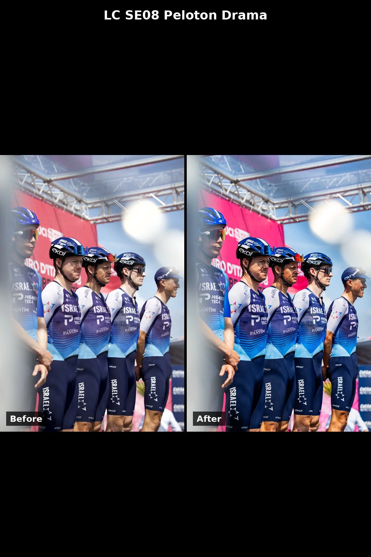 Before and after: SE08 Peloton Drama preset