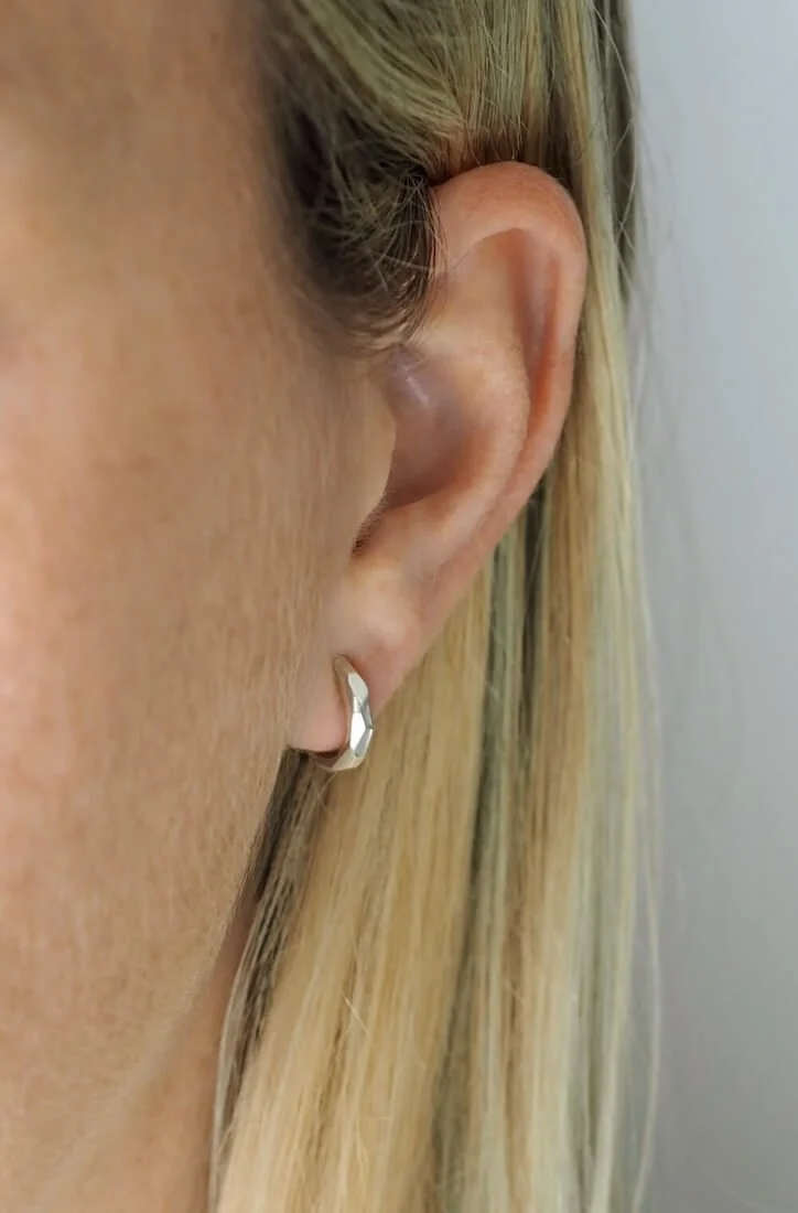 Sterling Silver Mini Geometric Hoop Earrings Modelled