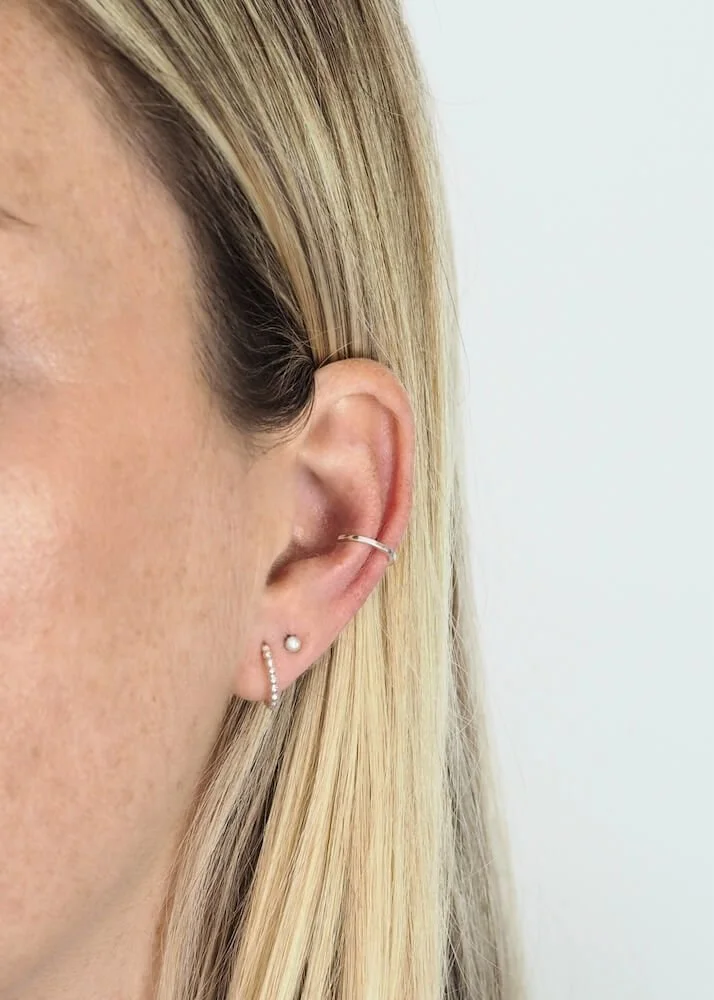 Sterling Silver Handmade Beaded Huggie Hoop Earrings Modelled