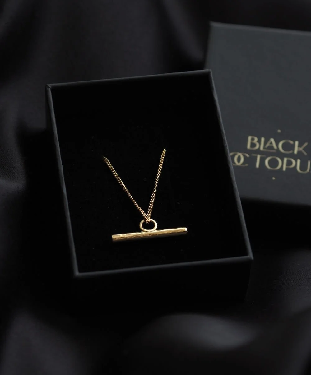 Gold Vermeil Hammered T-Bar pendant necklace in luxury gift packaging