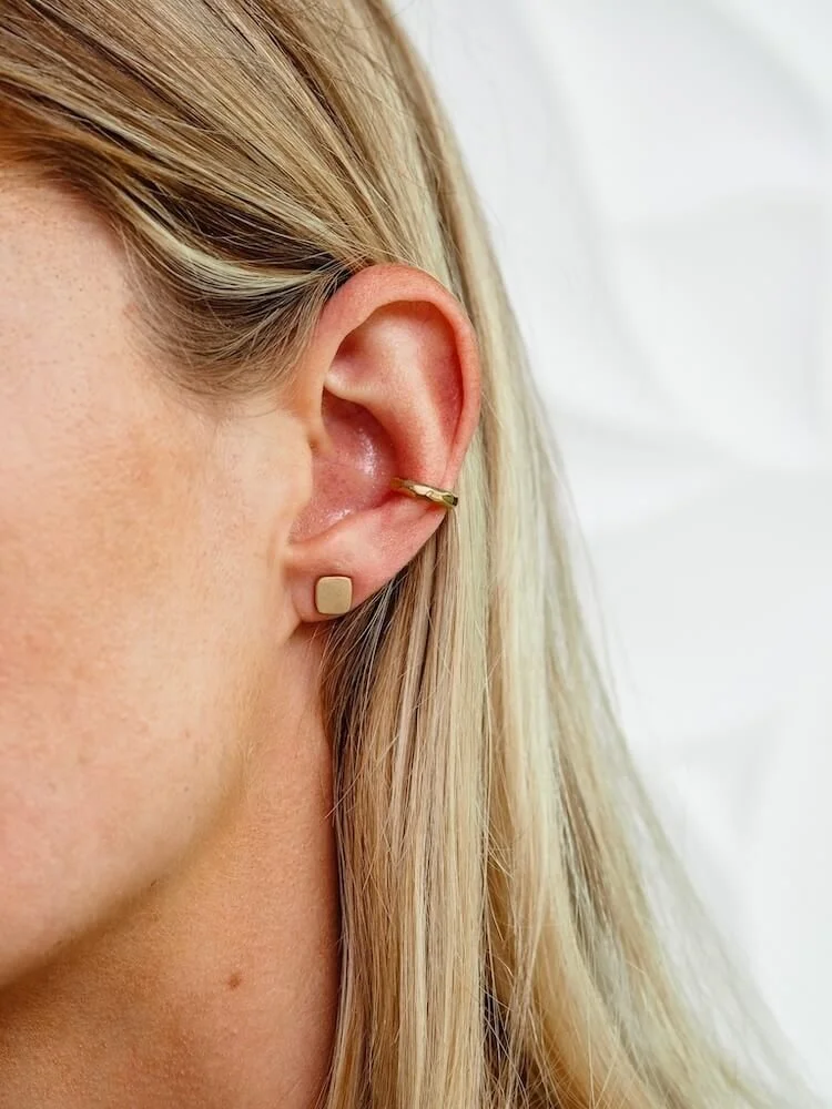 Matte Gold Vermeil contemporary stud earrings - square modelled with gold cuff earring