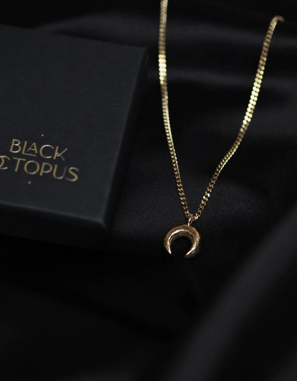 Gold crescent moon necklace with textured pendant displayed with a Black Octopus Jewellery box