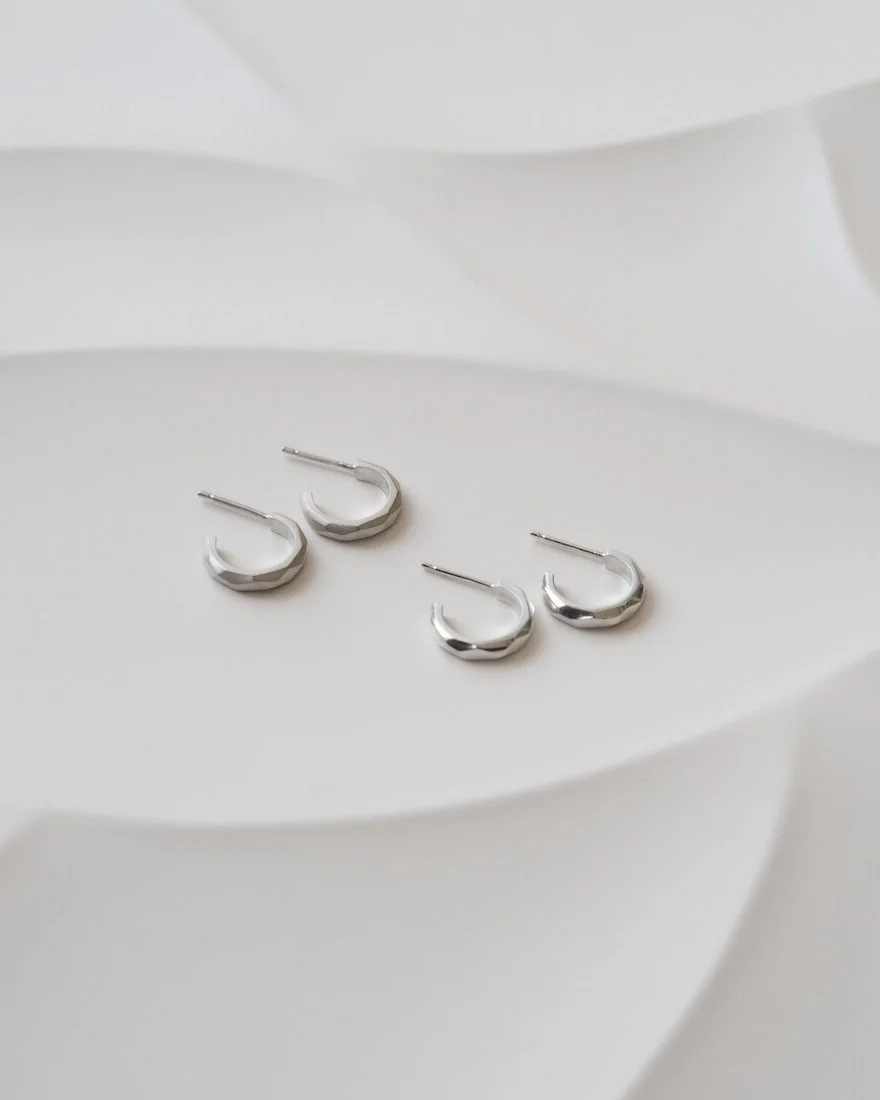 Matte Polished Sterling Silver Mini Geometric Hoop Earrings