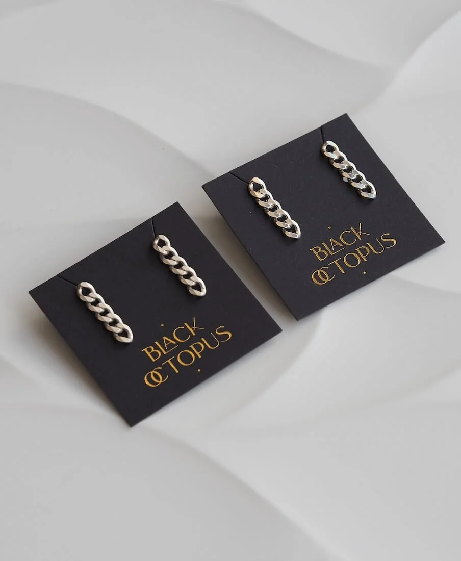Sterling Silver chain drop earrings matte and polished on earring card